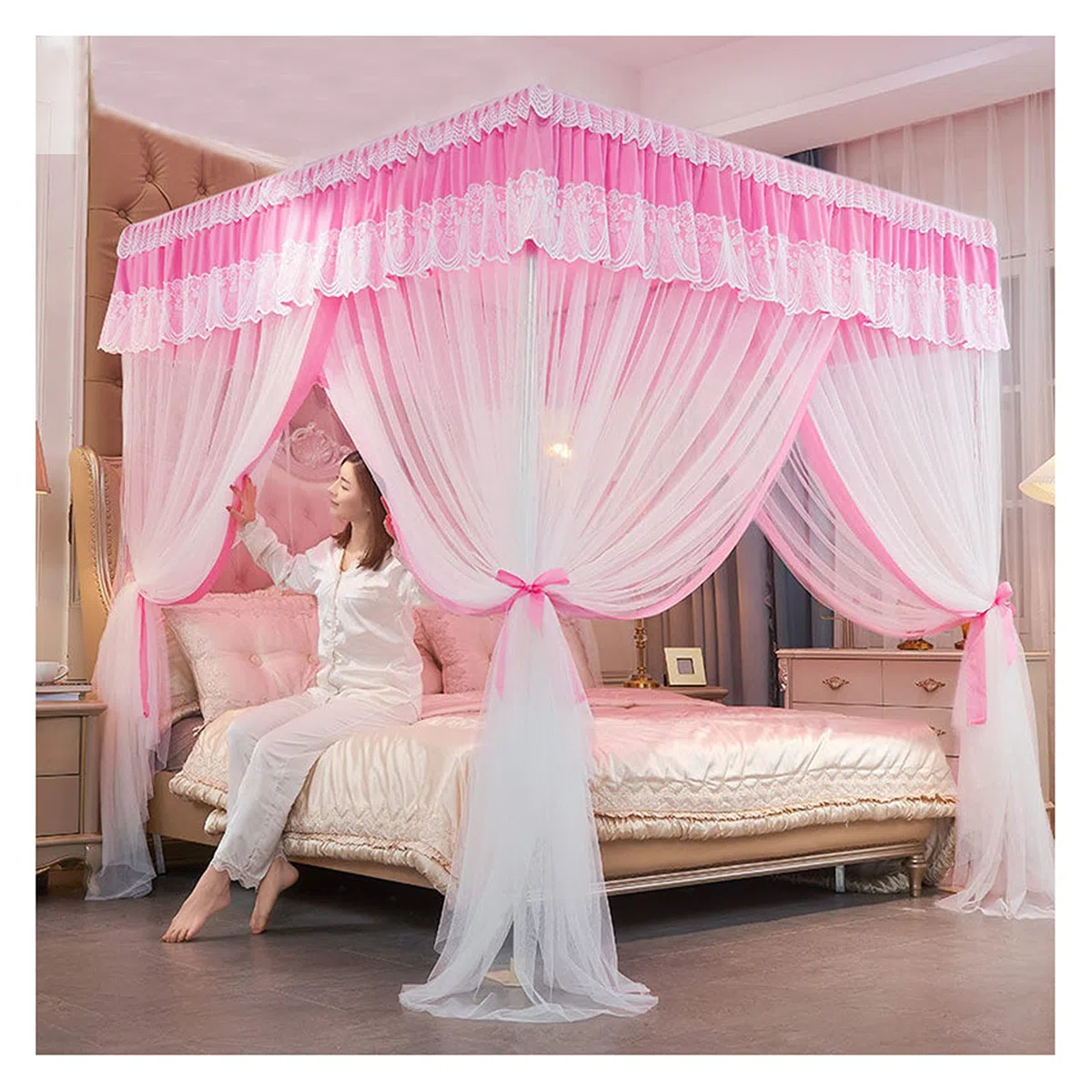 Himmelbetthimmel für Mädchen, Himmel für Schlafzimmer, Prinzessinnen-Bettvorhänge, Baldachin mit doppelter Stickerei, Spitze, Moskitonetz, Verdunkelung, King-Size-Betthimmel mit Metallhalter