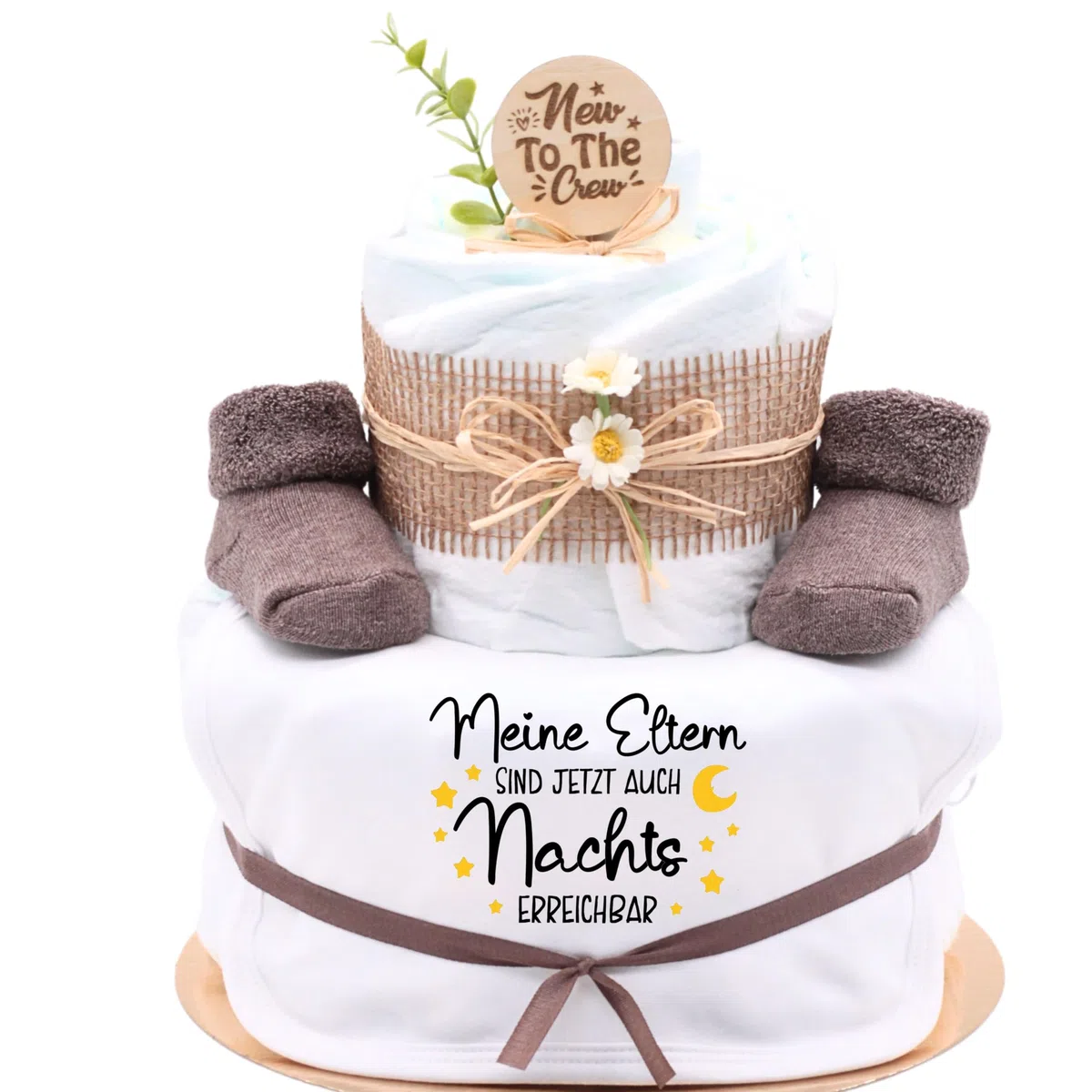 Trend Mama® | Windeltorte | Nature Design | Spruch wählbar| 27 Windeln (Größe 2) 1x Baby Lätzchen, Kuschelsocken |Geschenk Geburt (Design| Meine Eltern sind jetzt auch Nachts erreichbar)