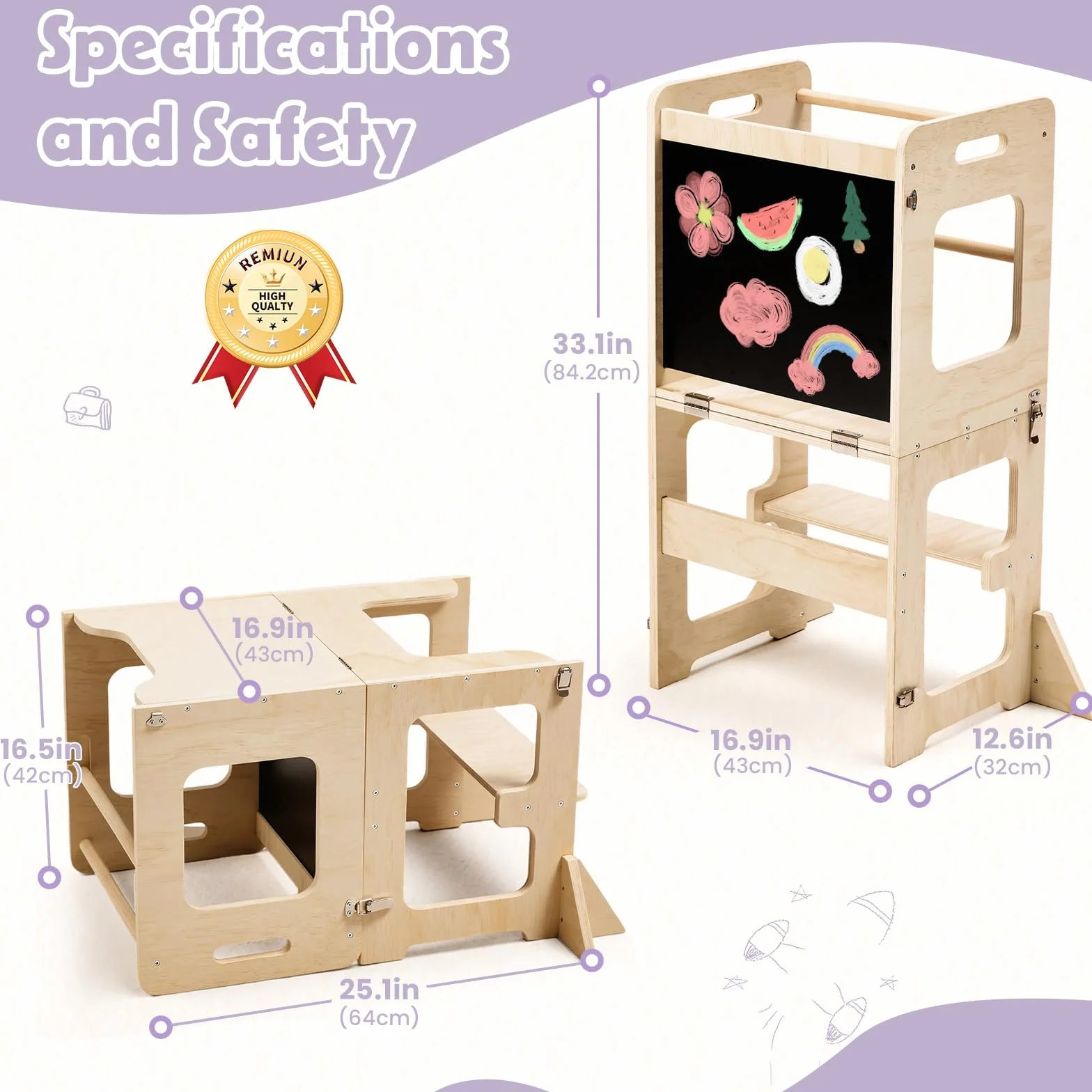 Labebe Lernturm für Kinder, Faltbarer Montessori Learning Tower, 3 in 1 Montessori Küchenhelfer Lernturm ab 18 Monate (Holz)