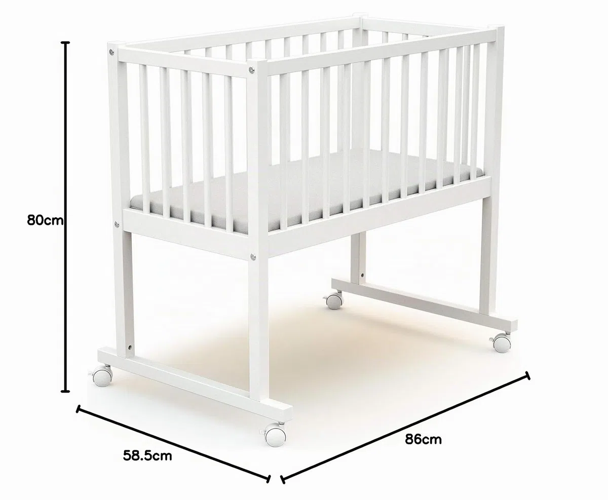 AT4 - Baby Wiege bett Holz mit rollen 40x80 ESSENTIEL Weiß| 86 x 58,5 x 80 cm | Babybett mit Matratze inklusive 40x80x5cm | 4 multidirektionale Räder | Leicht zu bewegen
