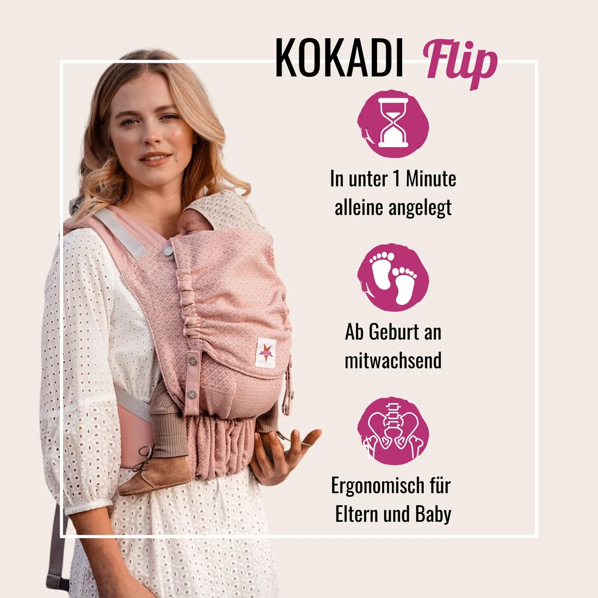 KOKADI Babytrage Flip Just (Babysize) – Ergonomisch, sicher & anpassbar, handgefertigt aus 100% Bio-Baumwolle – Ab Geburt bis 15 kg, einfach anzulegen, ideal für den täglichen Gebrauch – Rosé