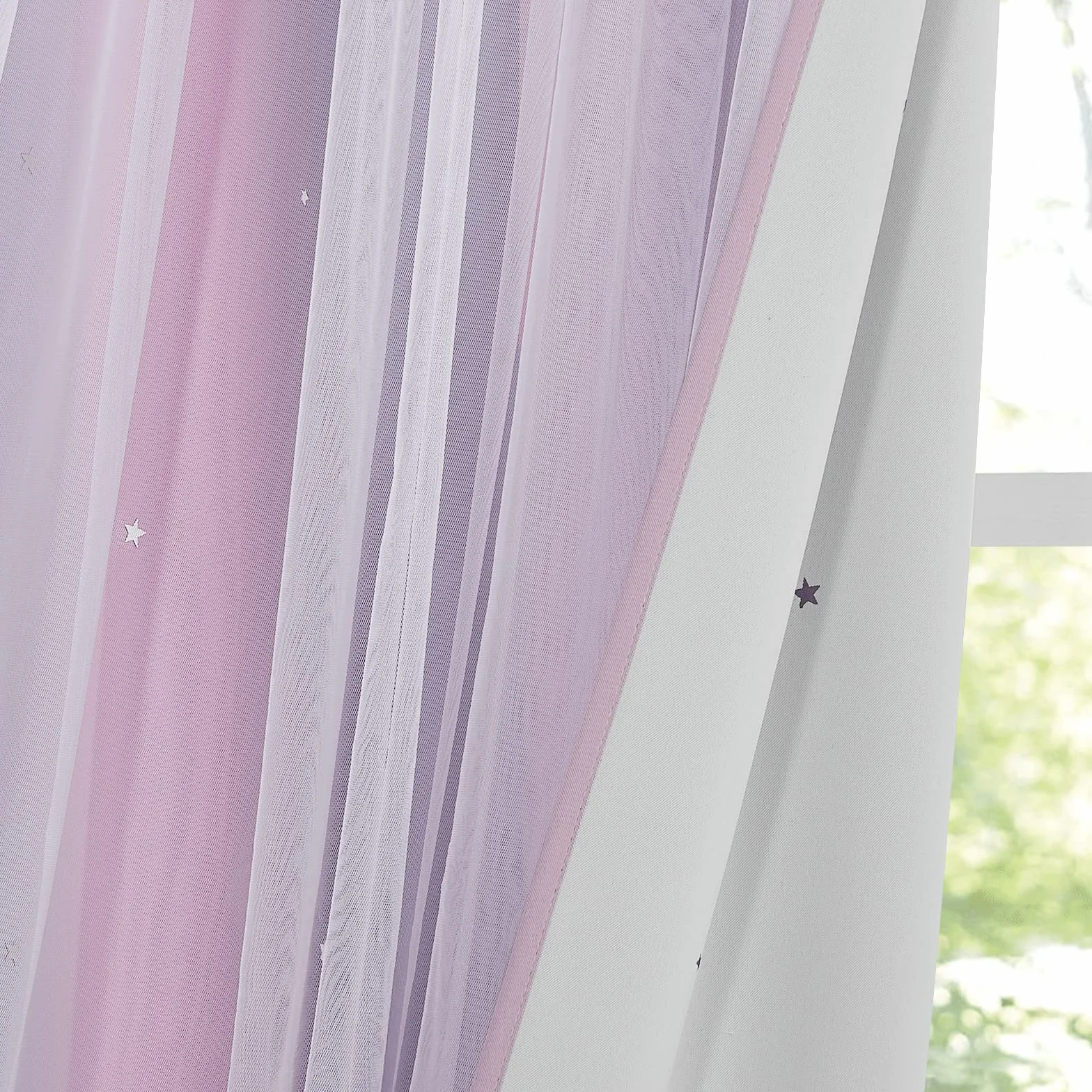 NICETOWN Gardinen Kinderzimmer Mädchen 2 Stücke Verdunklungsvorhänge Dekoration Sternevorhänge mit Voile Curtains Ösenvorhang H 240 x B 132 cm, Pink+Lila