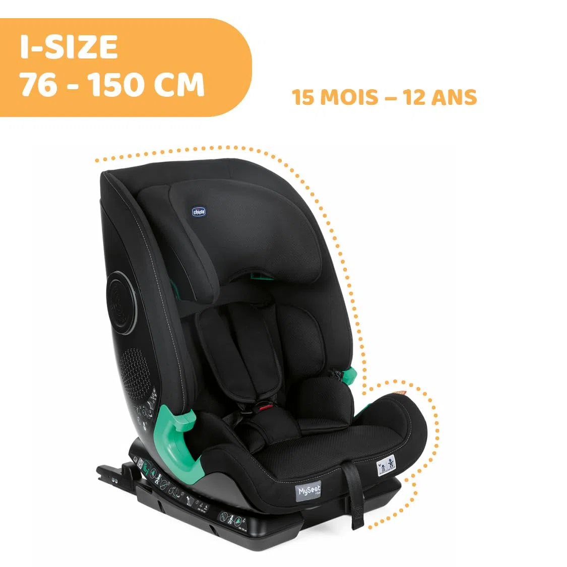 Chicco MySeat, Autositz, mit Isofix-System, Verwendung mit Integrierten Gurten mit Autogurten, Liegend, Höhenverstellbar, ECE R 129/03 - L Size Zugelassen, 76-150cm, ab 15 Monaten
