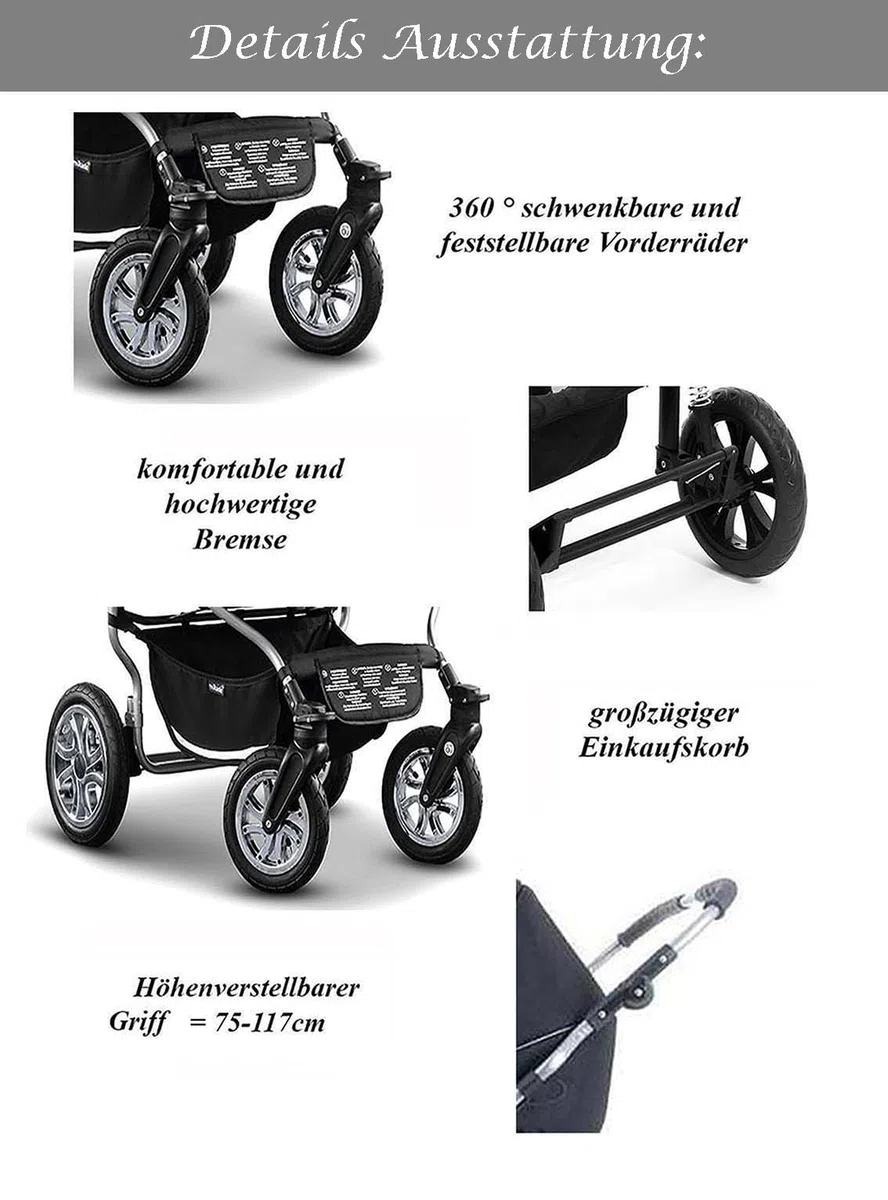 Zwillingskinderwagen 2 in 1 City Twin inkl. Sportsitze - 15 Teile - Schwarz-Schwarz