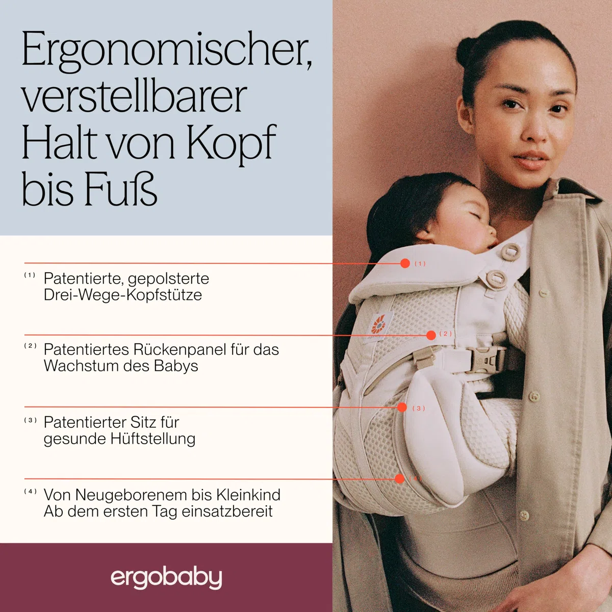 Ergobaby Omni Classic Babytrage für Neugeborene & Kleinkinder 0-48 Monate | 4-Positionen - Baby Trage ab Geburt - Atmungsaktives Mesh - Ergonomische Unterstützung - 3,2–20,4kg, Pearl Grey