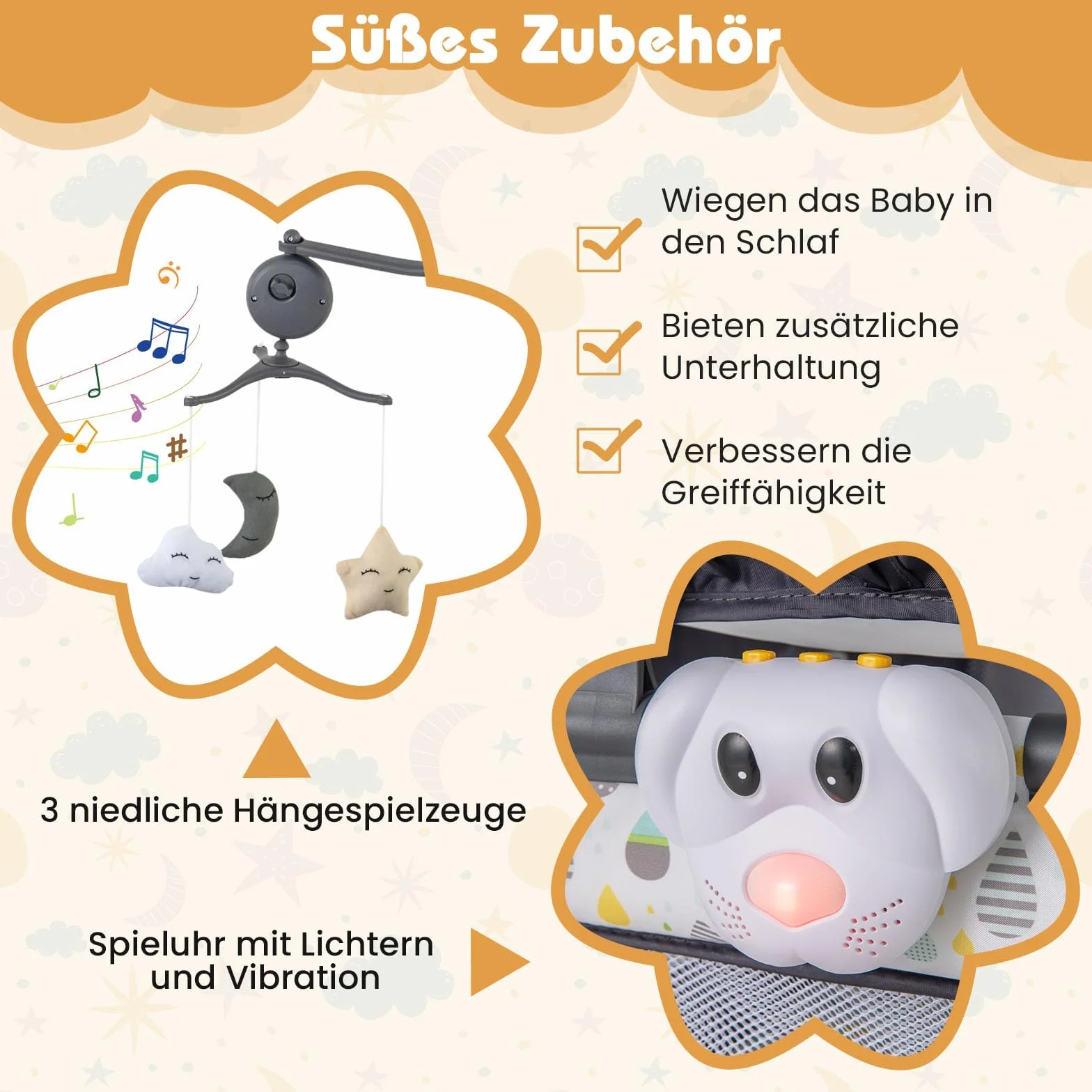 COSTWAY 3 in 1 Beistellbett klappbar, Reisebett mit Matratze, Hängespielzeug, Spieluhr, Wickeltisch & Tragetasche, 2 Ebene Babybett mit Rollen für Baby bis 36 Monaten (Beige)