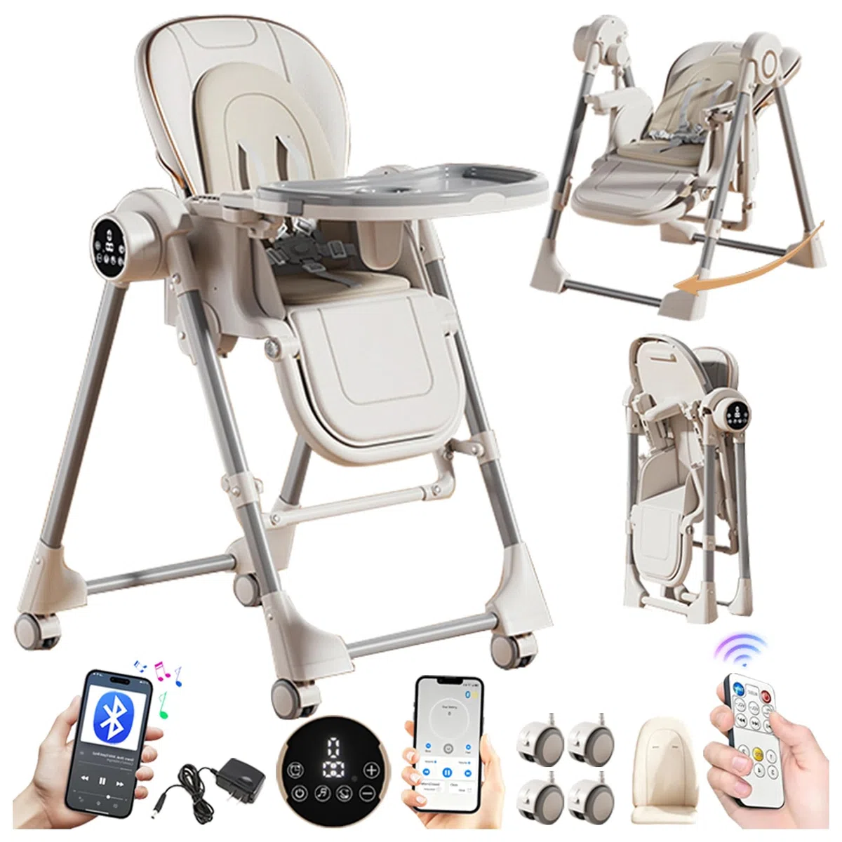 Magic ZC Elektrische Bluetooth Intelligent PU-Leder Baby-Hochstuhl Umwandelbar Faltbar Kleinkind-Esszimmerstuhl mit Verstellbaren Höhen und positionen mit Abnehmbaren Doppeltabletts (E8121 White)