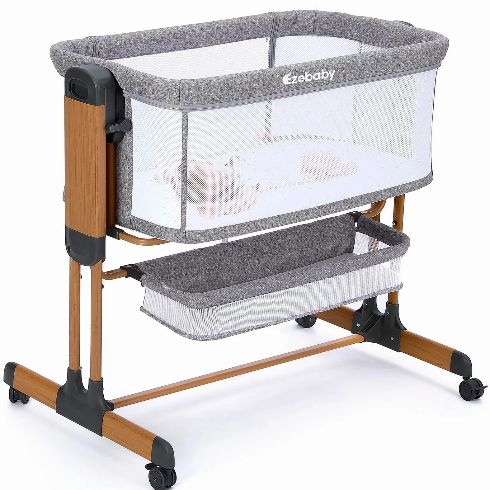 Ezebaby Beistellbett, 3 in 1 Babybett Babywiege für Neugeborene, Schaukelbettchen für Zuhause und Unterwegs mit Rädern Verstellbare 7 Höhen (Holzmaserung)