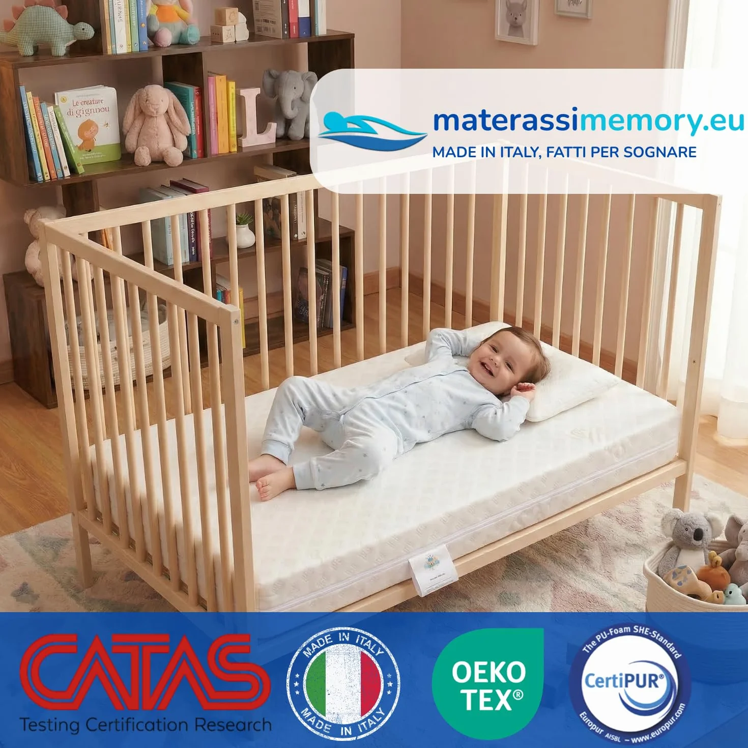 Materassimemory.eu - Matratze für Wiege Babybett Modell Bimbo Plus Erstickungsschutz Maßnahme 60x125 cm hoch 11 cm mit abnehmbarem Bezug und maschinenwaschbar mit kostenlosem Erstickungsschutzkissen.