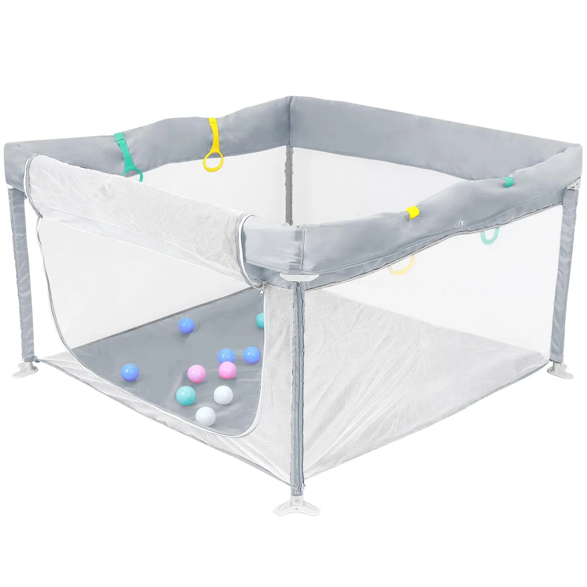 HOMGEN Laufstall Baby 120x120cm Laufgitter Faltbar Klappbares Spielgitter Tragbar Playpen Kinderlaufstall mit Abnehmbarem & Waschbarem Stoff Tasche & Spielzeug 10 Bälle 4 Griffe Für Innen/Außen
