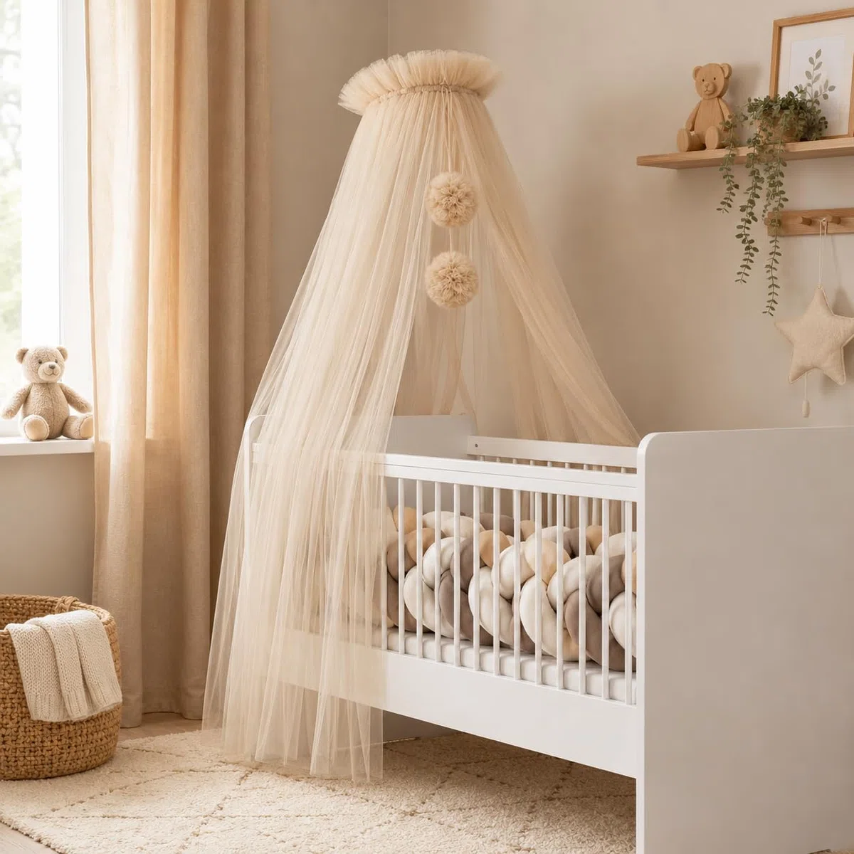 Babybetthimmel aus Tüll, Betthimmel für Babybett, Prinzessin Babywiege, Beistellbett Baby, Moskitonetz, Babyzimmer Deko, Baldachin Kinderzimmer 165cm lang, mit Pompons, Taupe (Nude)