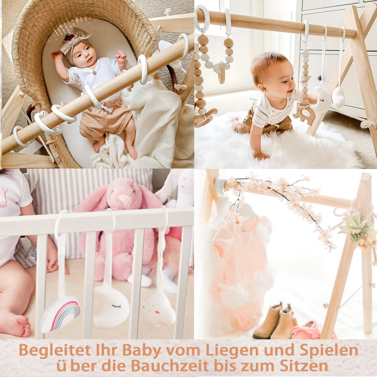Mallify Spielbogen Baby Holz, Klappbar Spieltrapez mit 6 abnehmbaren Spielzeugen, Baby Gym Holz für Neugeborene