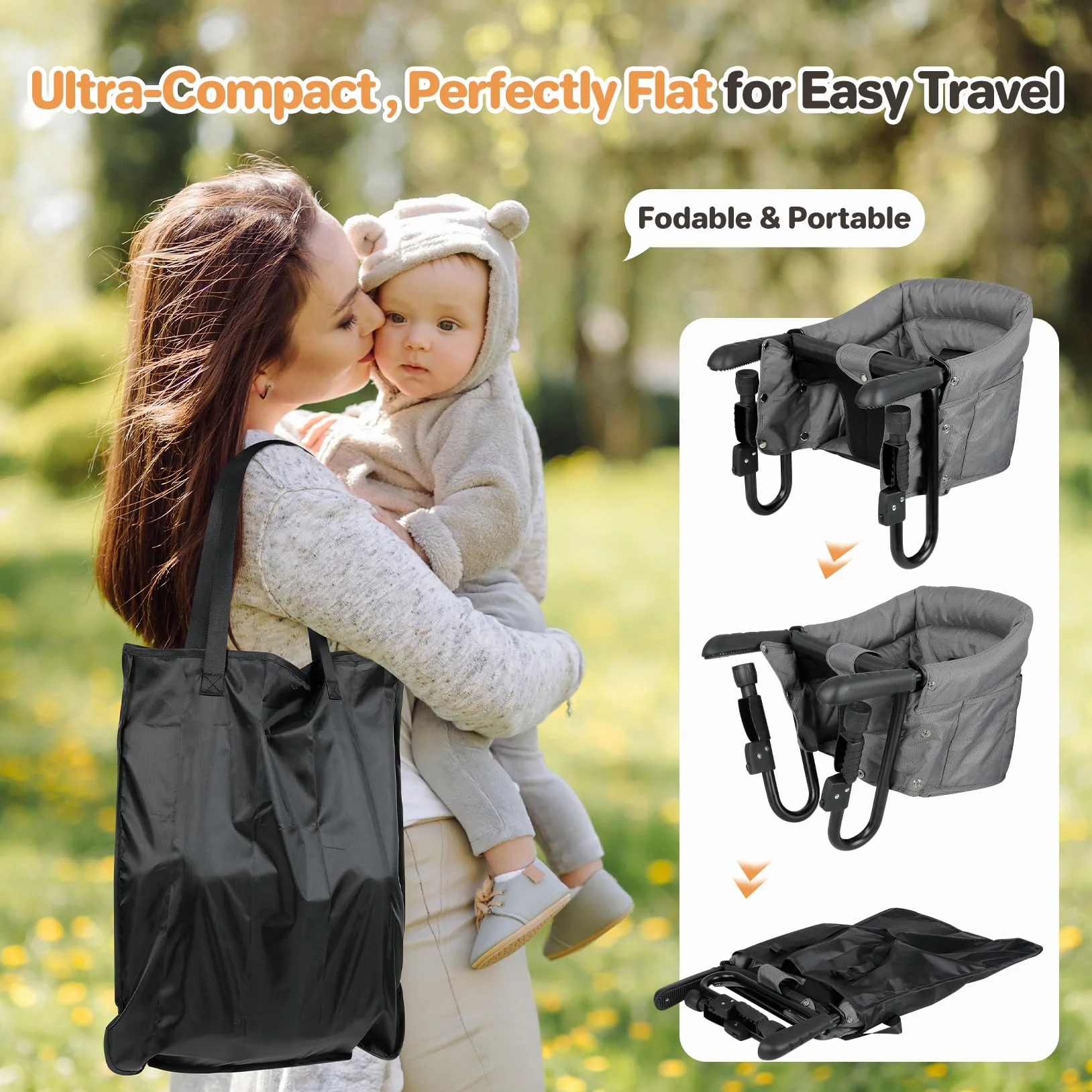 Ezebaby Tischsitz Klappbarer Sitzerhöhung Tragbarer Baby Hochstuhl Schnelle Anpassung mit 5-punkt Sicherheitsgurt und Tragetasche für Tischdicken von 2,5 bis 7,5 cm (Grau, mit Tablett)