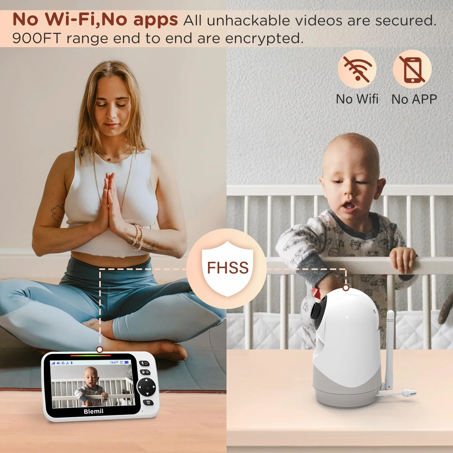 Blemil Babyphone mit Kamera und Audio 30 Stunden wiederaufladbare Batterie, 5" großer Bildschirm, ferngesteuerte Schwenk-/Neige-/Zoom-Kamera, Zwei-Wege-Gespräch, Nachtsicht, kein WiFi