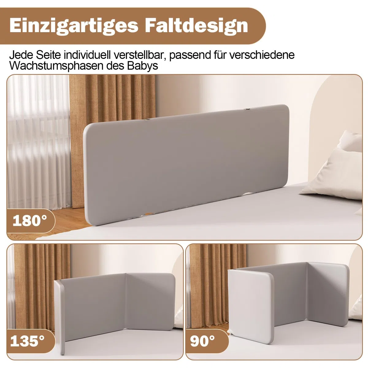 Eulenke 180cm Bettgitter Rausfallschutz Klappbar, Höhenverstellbar Bettschutzgitter Kinderbettgitter Tragbar bettgitter für Reisen Einfache Montage, Grau