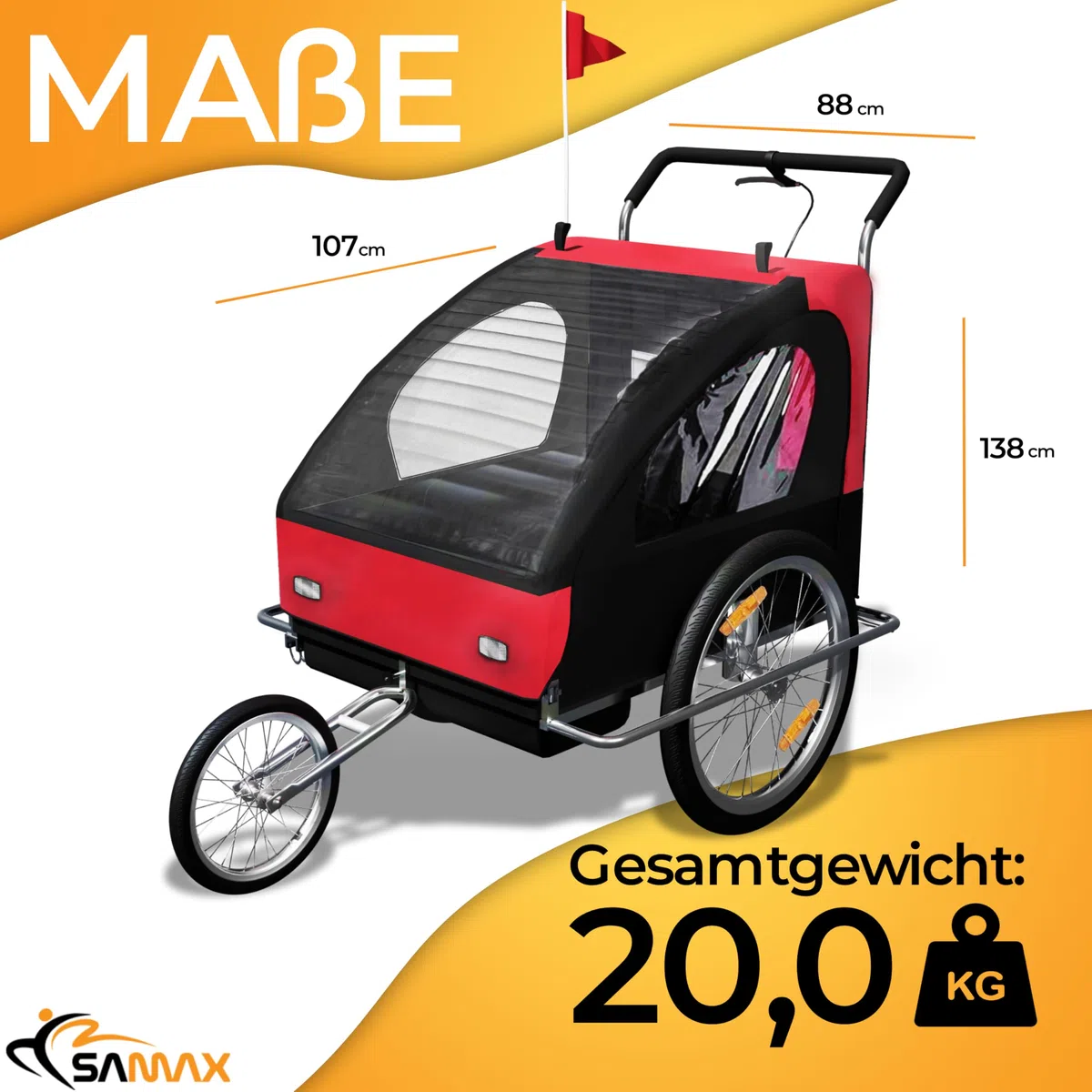 SAMAX Jogger 2in1 Kinderfahrradanhänger mit vollgefederter Hinterachse für 2 Kinder rot/schwarz - Silver Frame