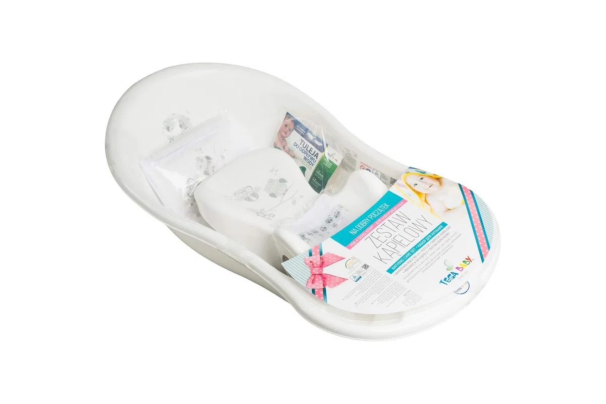 Tega Baby ® SET 5-teilig Badewanne Badesitz für Baby, ab 0 Monate mit eingebautem Thermometer - Anti-rutsch, GESCHENK für Neugeborene (allein, Eule - weiß)