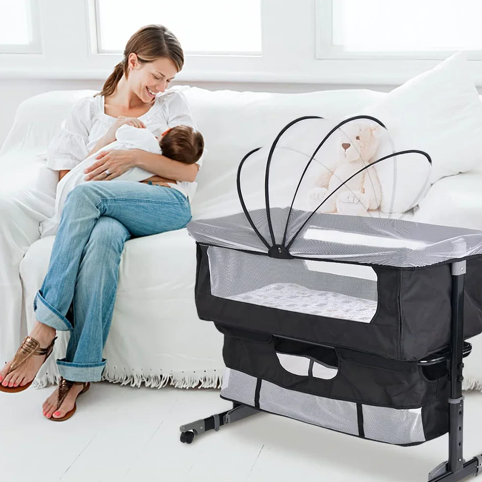 Codododo-Kinderbett mit Matratze und Moskitonetz, 2-in-1, Beistellbett für Babys von 0 bis 36 Monaten, faltbar, 2-in-1, Babywiege, Mobile Beistellbett (92 x 58 x 70-87 cm, schwarz)