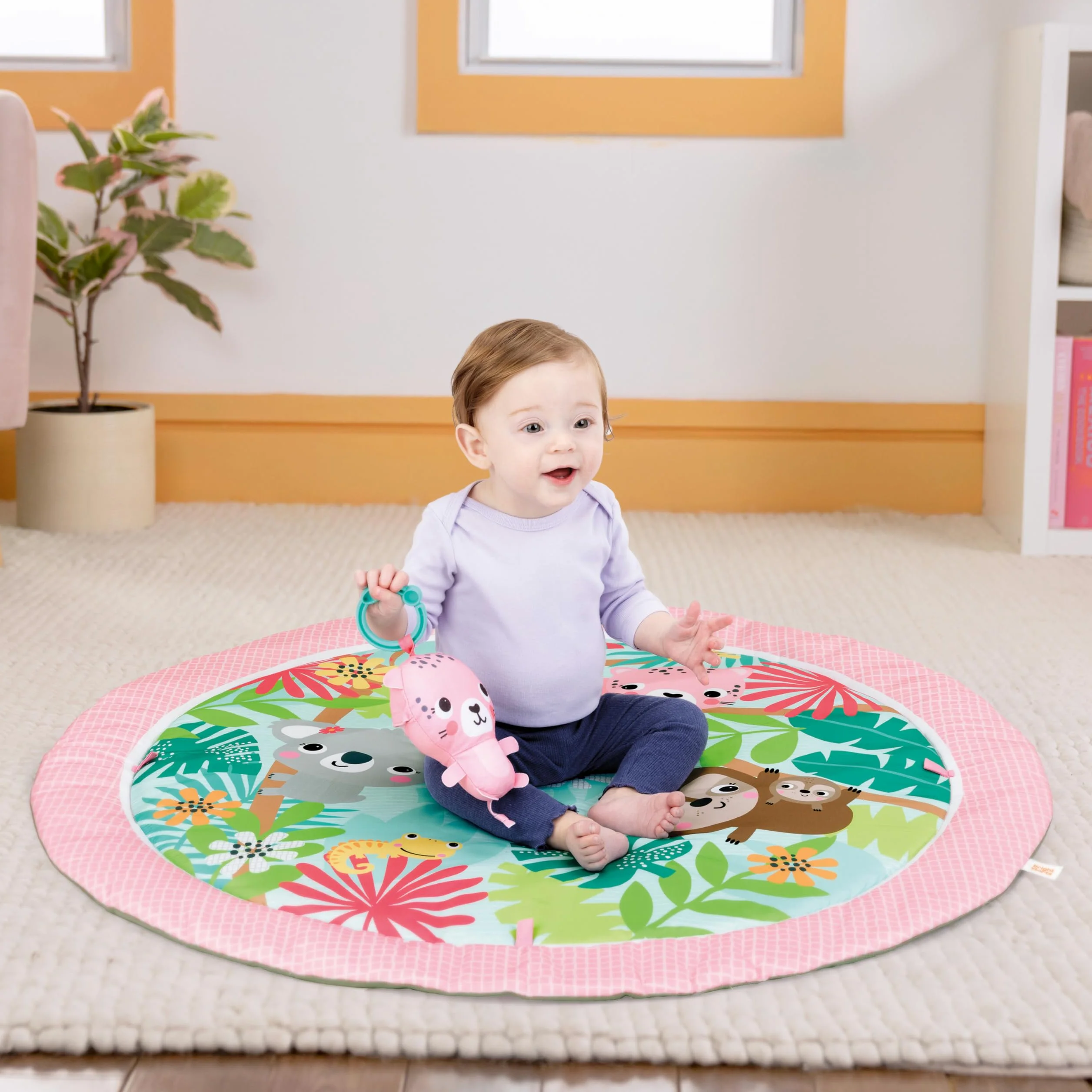 Bright Starts Rosy Regenwald Spieldecke Baby – faltbares Aktivitätsgym mit 7 Mitnehmsspielzeugen & Tragetasche, Dschungel-Design für Neugeborene und Ältere