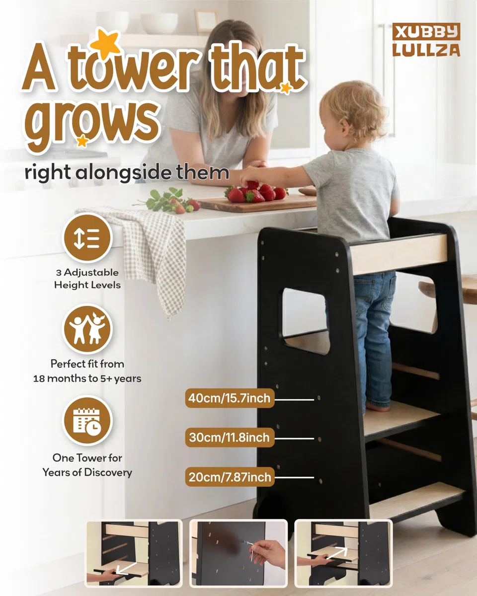 Lernturm höhenverstellbar aus Holz – Montessori Lernturm ab 1 Jahr, Tritthocker Kinder für Küche/Arbeitsplatte & Waschbecken, mitwachsend – Schwarz