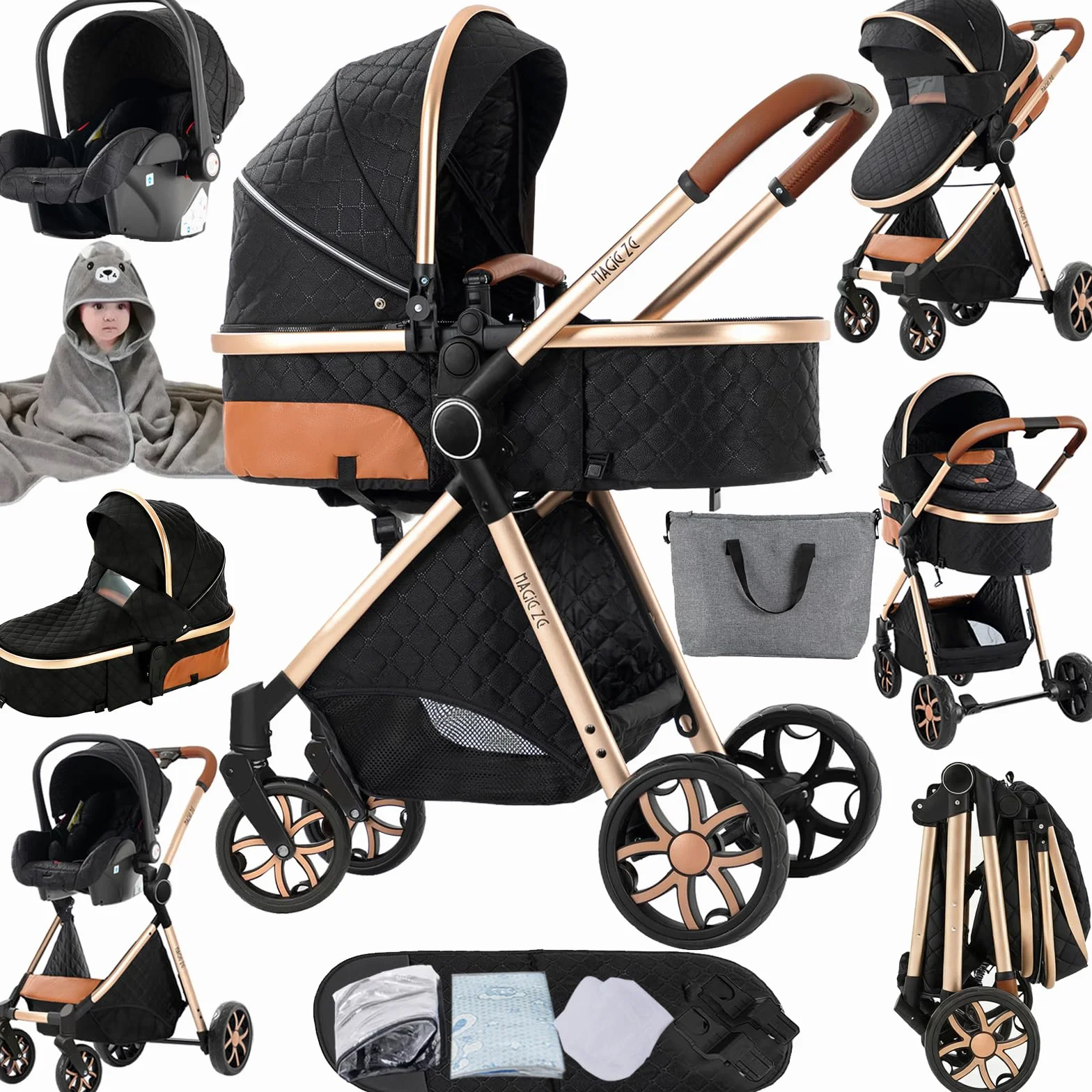 MoLi Kinderwagen 3 in 1, Kinderwagen mit Umkehrbarem Doppelschiebemodus, Buggy mit Großer Bequemer Babywanne, Kombikinderwagen 3 in 1 Rahmen Aluminiumlegierung Faltbar Hohe Landschaft (225 Black Gold)