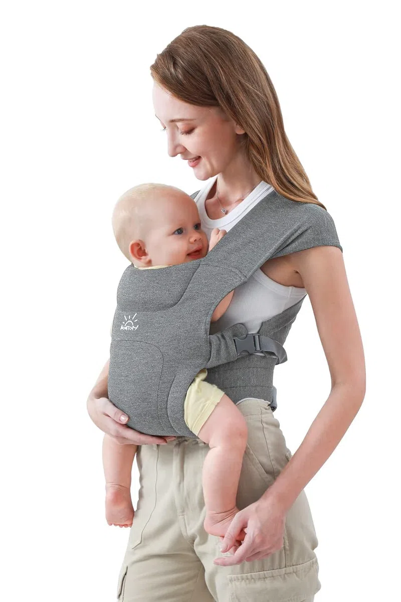 Babytrage für Neugeborene ab Geburt, MOMTORY Komfortabler Hüftsitz für Baby(3-12kg), Ergonomischer Tragetuch Neugeborenes bis Kleinkind mit Klettverschluss, Leicht Verstellbare Hüfttrage - Hellgrau
