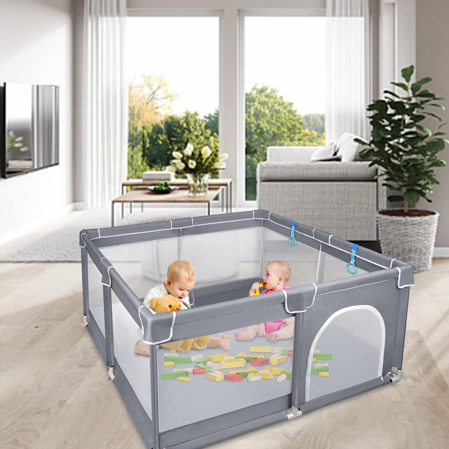 UISEBRT Laufstall Baby Laufgitter Schutzgitter mit Rutschfester Basis und Atmungsaktivem Netz, Stabiler Absperrgitter Aktivitätszentrum für Kinder, Dunkelgrau, 127x127cm