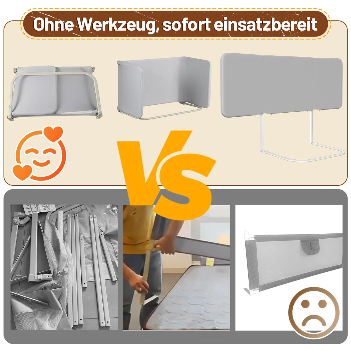 Bettgitter Rausfallschutz 180 cm, Klappbar Rausfallschutz Bett, Höhenverstellbar Bettschutzgitter für Kinder, Werkzeuglos Montierbar, Ideal für Unterwegs(Grau