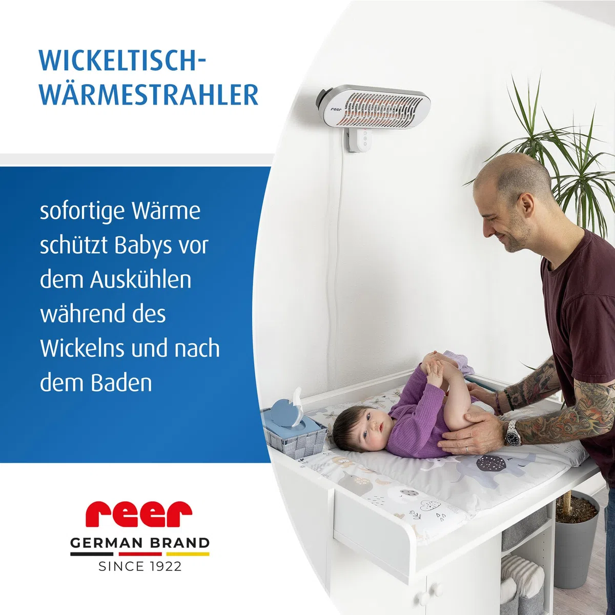 reer HeatCare+ Flex Wickeltisch-Wärmestrahler | EcoHeat Carbon Heizelement | Infrarot-Heizstrahler mit Standfuß & neigbarem Kopf | Wärmespender für Babys | Energiesparend | 2in1 Wand- oder Standgerät