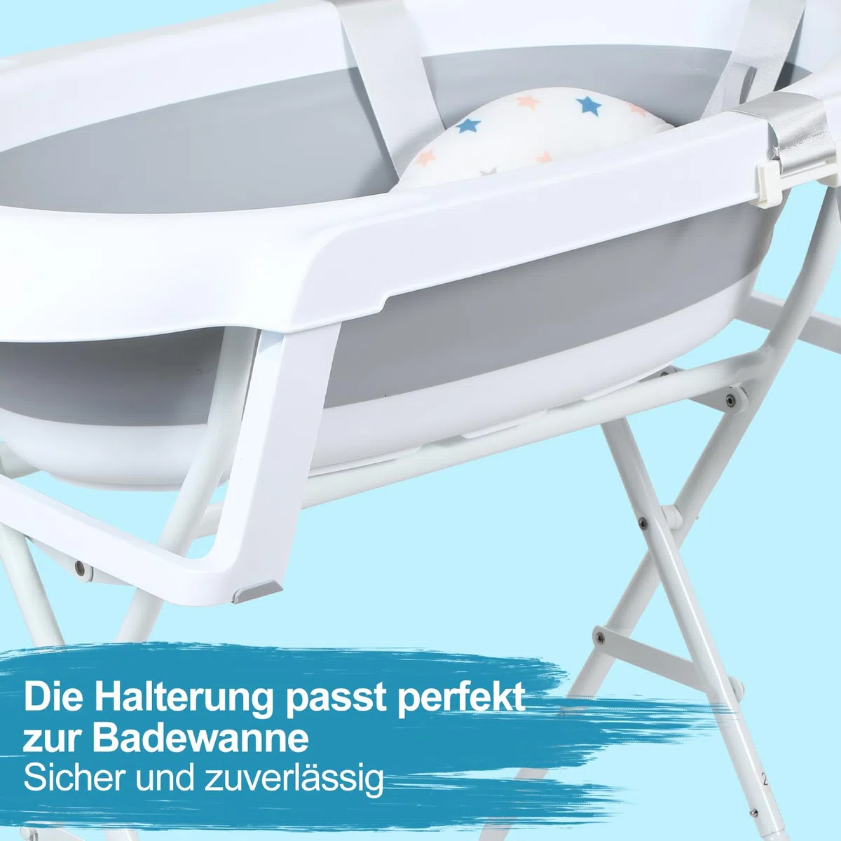 Baby Badewanne mit Gestell faltbare Babywanne Baby Wanne platzsparend, Babybadewanne mit Badekissen, Ablaufschlauch, Temperaturanzeige Wasserstopfen, stabile faltbare Badewanne Grau