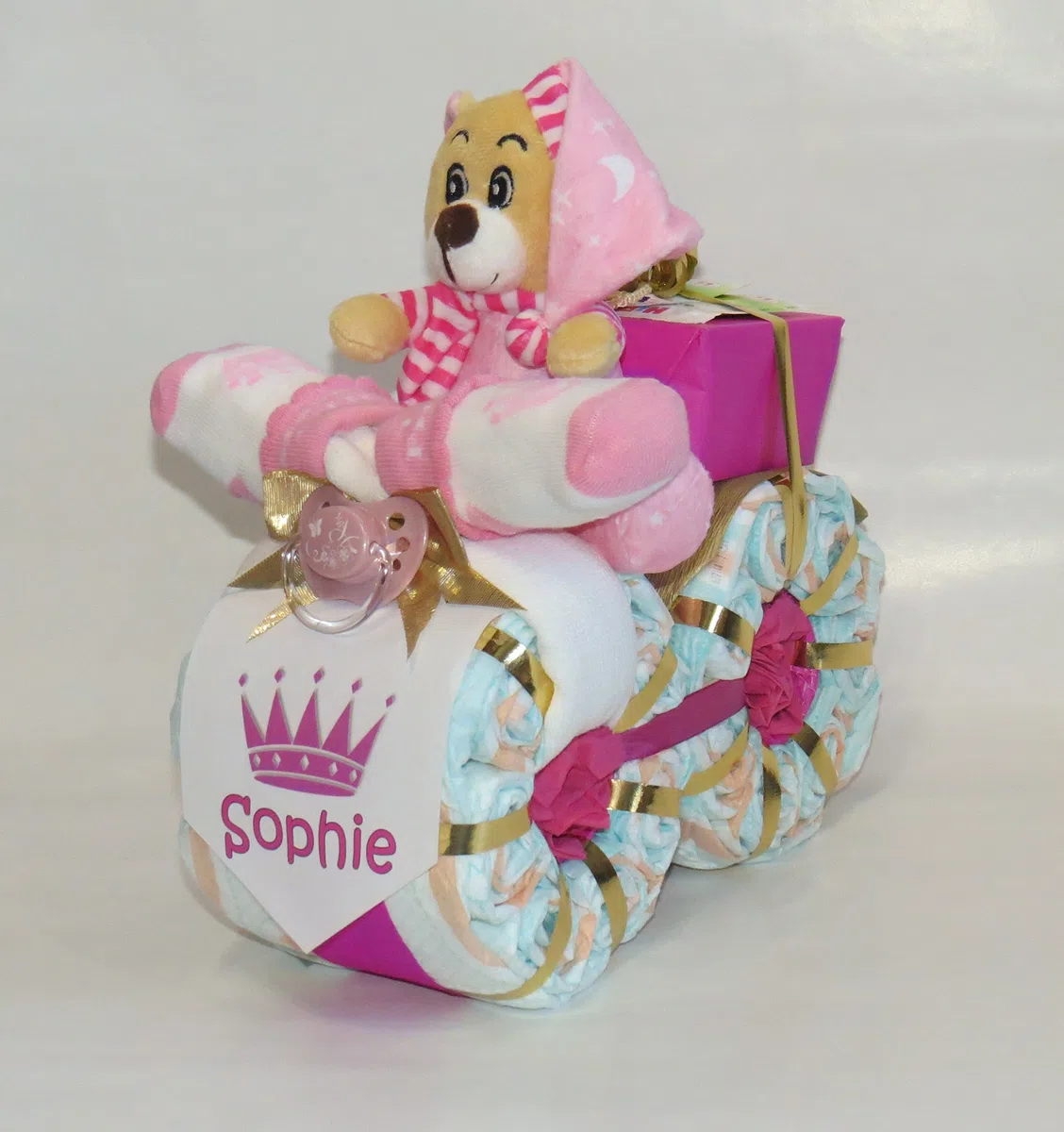 Windeltorte | Windelmotorrad Prinzessin mit Schlafbär rosa für Mädchen | Geschenk zur Geburt, Taufe oder Babyparty