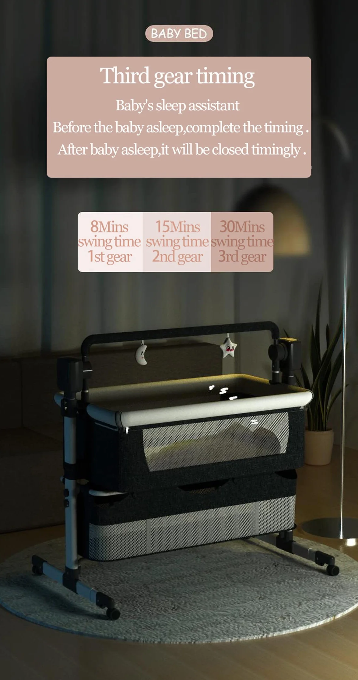 Magic ZC Elektrische Bluetooth Intelligent Beistellbett Baby mit Rollen, Faltbar Co-Sleeping Babybett, Convertible Stubenwagen Wiege mit Fernbedienung, Musik, 5-schwankende Zahnräder (601 Khaki)