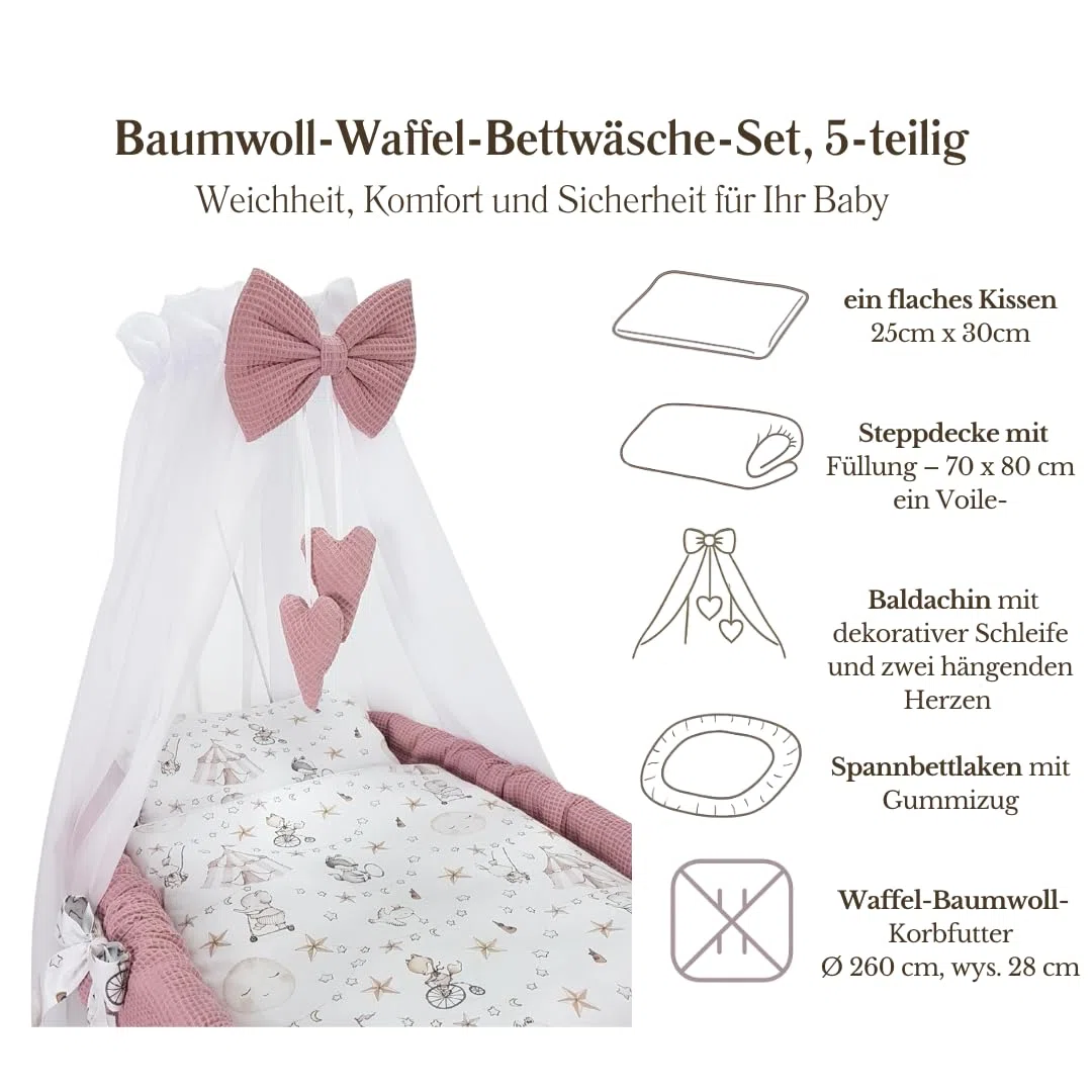 Stubenwagen Lena mit Baldachin – Babywiege mit Rollen, Matratze & Bettwäsche aus Waffelstoff mit Rosa - mit Zirkusmotiv, handgefertigt, weiß Moseskorb aus Weide