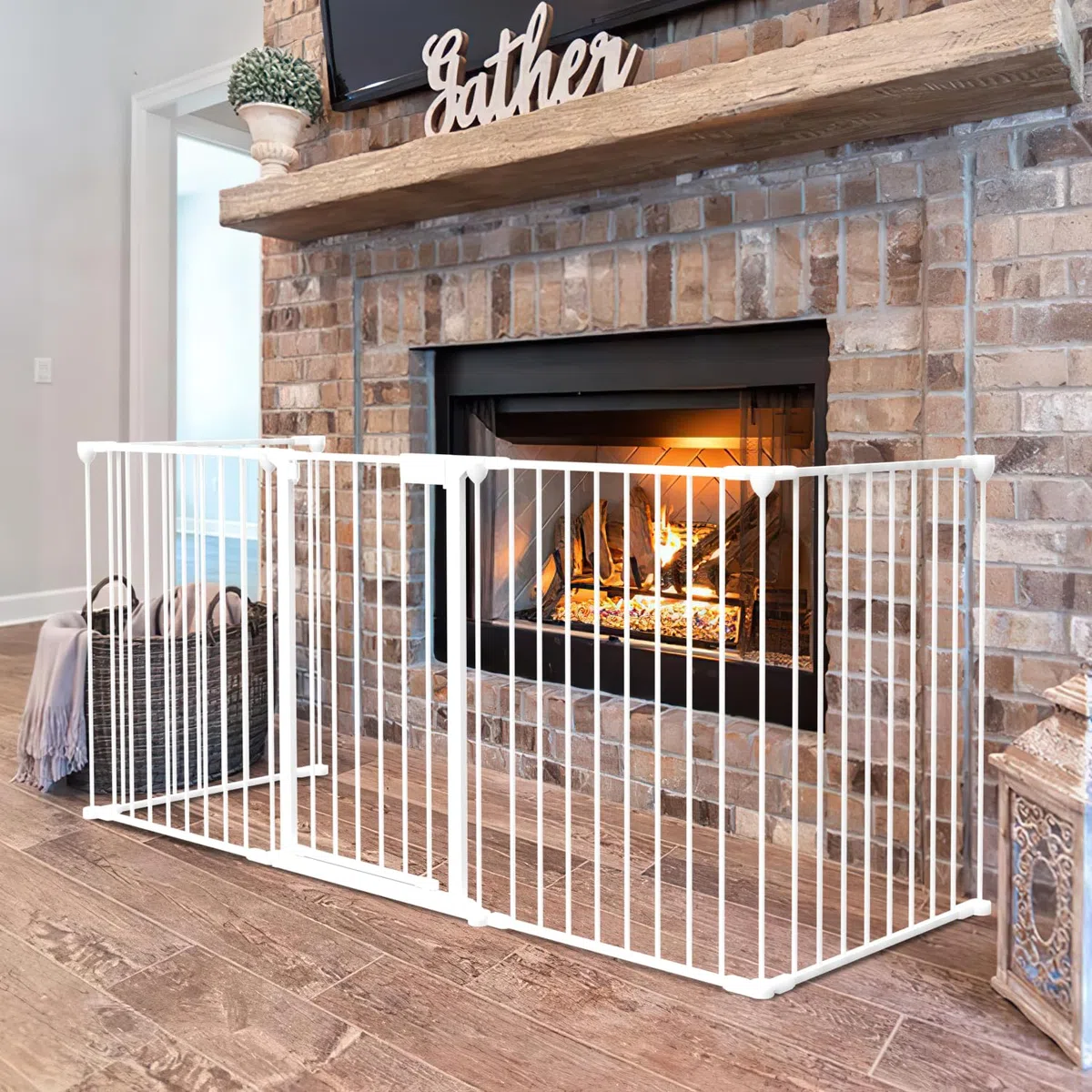 Kaminschutzgitter mit Tür 310cm, Metall Ofenschutzgitter, Kinderschutzgitter 5-Elementen (75x60 cm), Kamingitter Türschutzgitter Tierschutzgitter für Kinder und Haustiere, Weiß