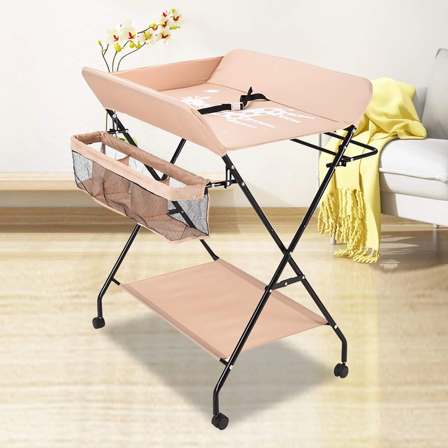 Klappbar Wickelunterlage und Tragbarer, Wickelaufsatz Baby mit Motiv Giraffe, Höhenverstellbar, Wickeltisch mit Rollen, Sicherheitsgurt und Ablagefächern Wickelkommode 80 * 63 * 96cm (Khaki)