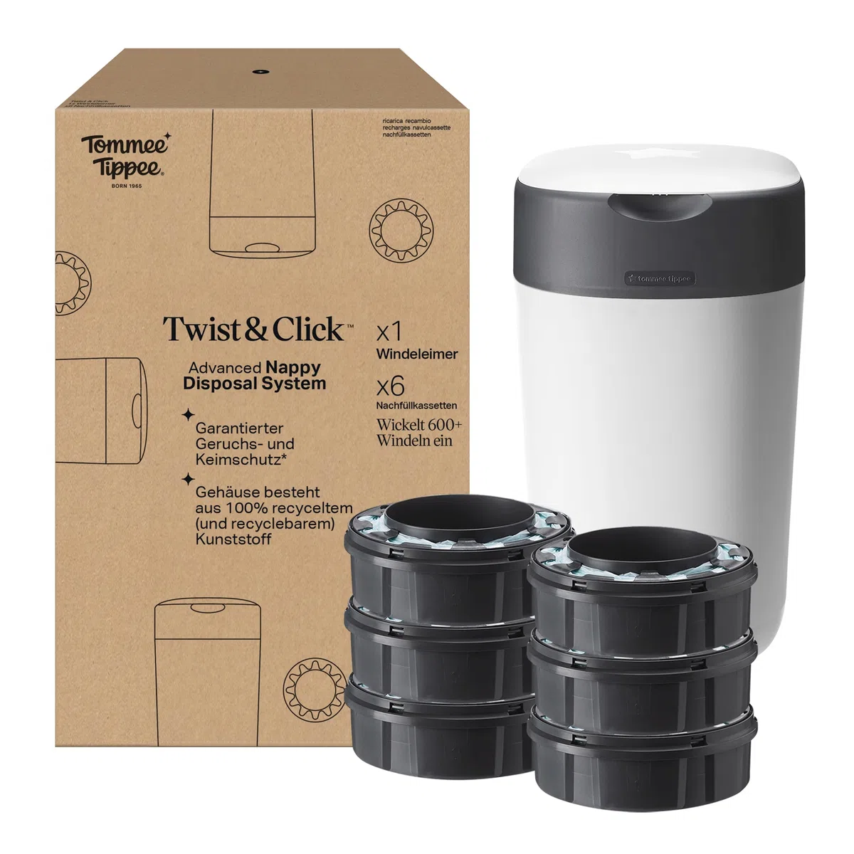 Tommee Tippee Twist and Click Advanced Windeleimer, umweltfreundliches System, inkl. 6 Nachfüllkassetten mit GREENFILM, Weiß