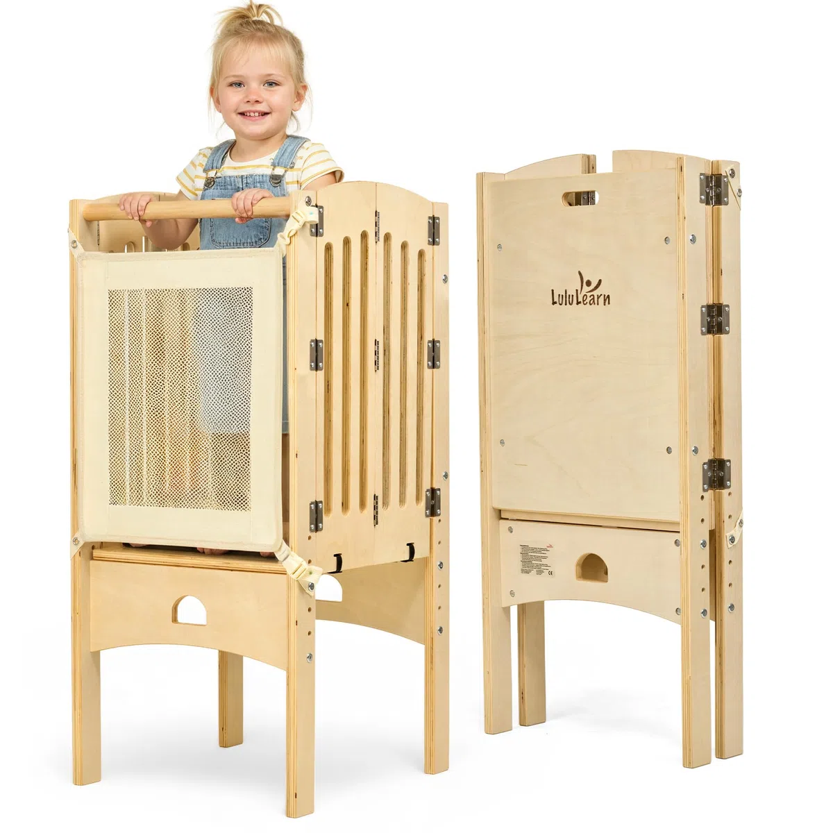 Lernturm ab 1 Jahr [FALTBAR] – Montessori Learning Tower, vormontiert, höhenverstellbar & extra sicher | Platzsparender Tritthocker für Küche & Alltag (Natural)