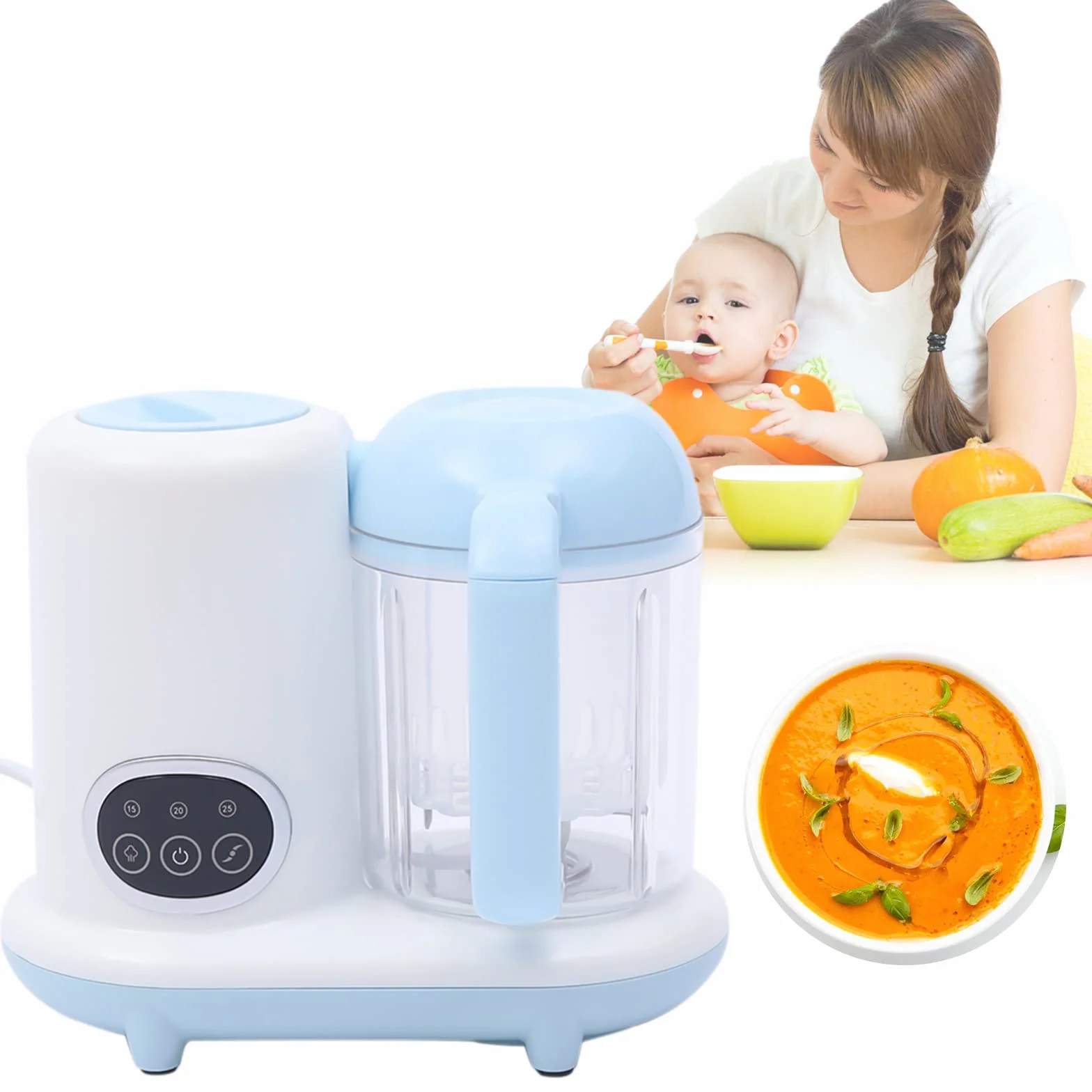 Babynahrungszubereiter Mixer und Dampfgarer für Pürierte Lebensmittel zum Rühren und Dämpfen von Obst Gemüse Getreide Fisch 23.7 * 17.1 * 20.4CM Blau und Weiß