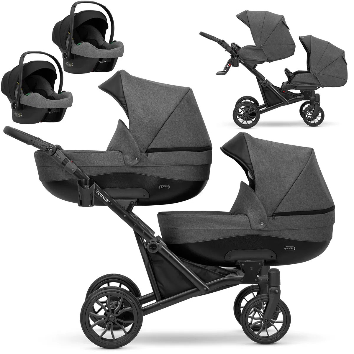 KUNERT BOOSTER 3in1 2in1 Kinderwagen Komplettset Zwillingskinderwagen Babywagen Kombikinderwagen Komplettset Geschwisterwagen Kinder Wagen set Zwillingsbuggy Doppelkinderwagen (Graphit, 3 in 1 Cosmo)