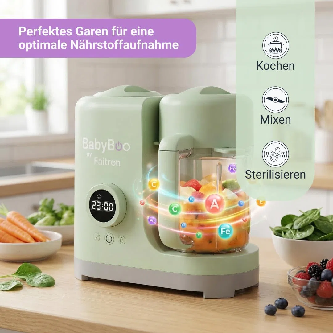 BabyBoo Babynahrungszubereiter 7-in-1, Dampfgarer & Mixer, 300W, Edelstahlkorb, Tritan-Behälter, Digitaldisplay