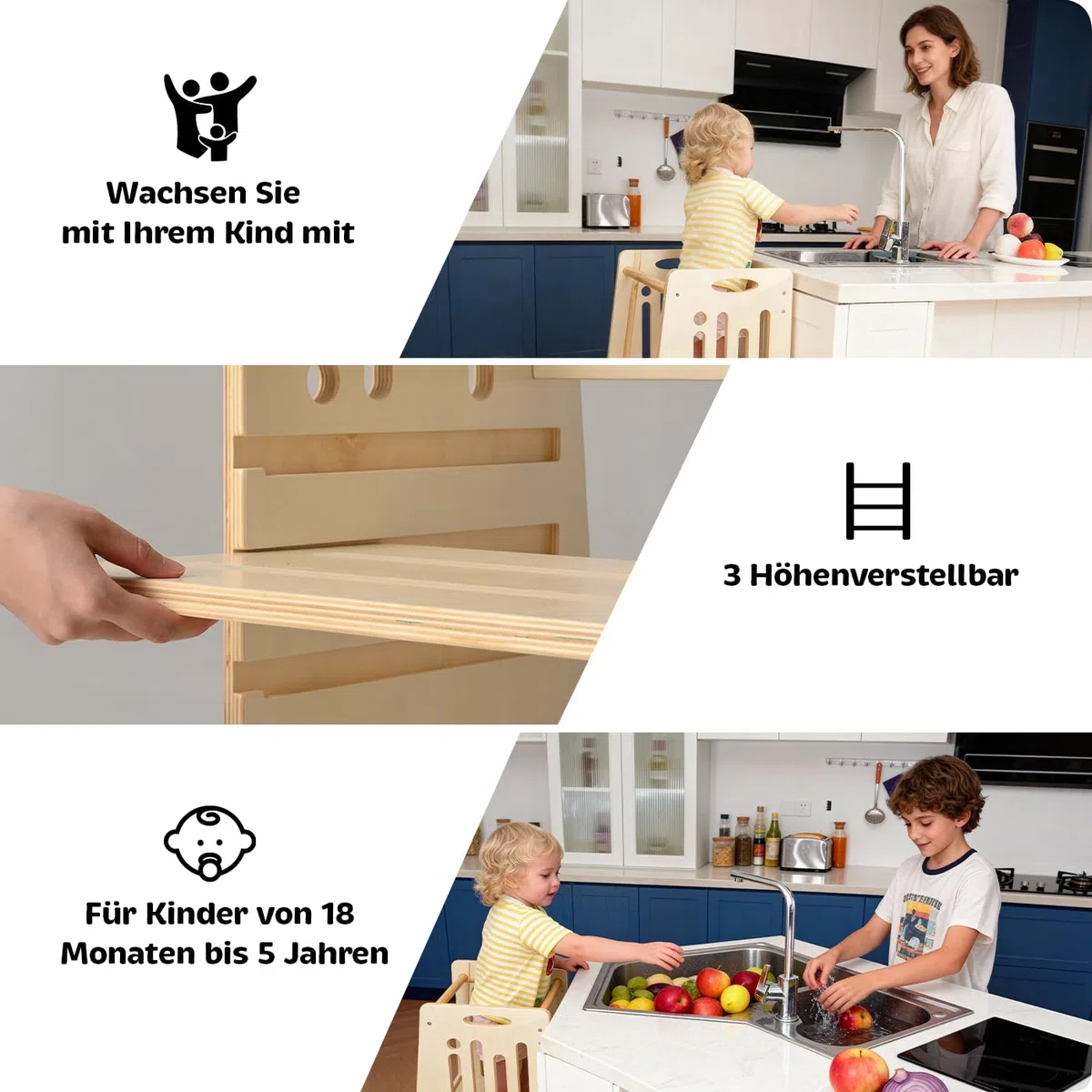Kleinkind Tritthocker Kinderhocker, Höhenverstellbar (Naturfarbe) | Sicher & Stabiler Toddler Tower & Lernhocker ab 1 Jahr | Mit Sicherheitsbarriere, Kippschutz & Höhenverstellbar