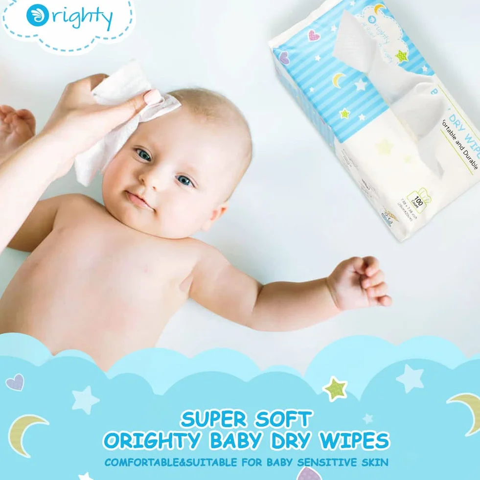 Orighty Trockene Babytücher, superweiche und sanfte Tücher für Babys, nass oder trocken verwendbar, 100% parfümfreies Gewebe für empfindliche Babyhaut, ideal für Windelwechsel, Fütterung
