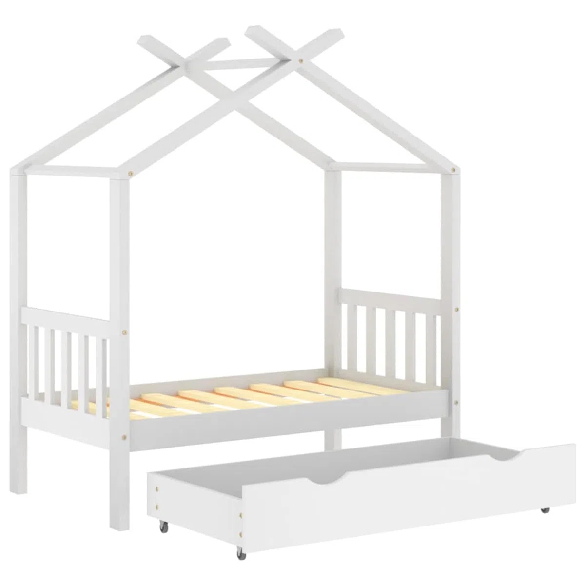 Chusui Kinderbett mit Schublade, Kinderbett, Hausbett, Kinder Bett, Betten, Weiß Massivholz Kiefer 70x140 cm