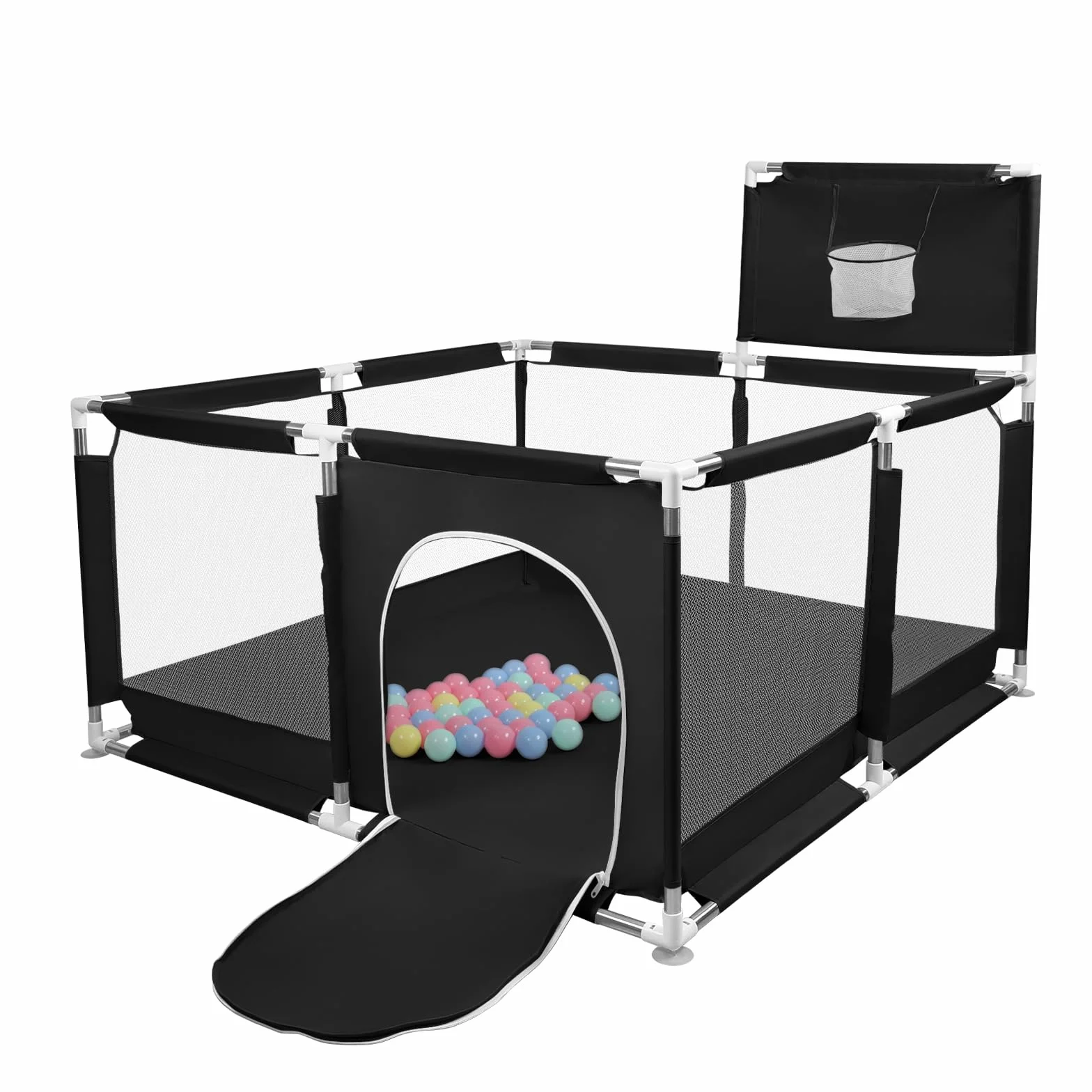 Laufgitter für Babys, modular, großer Laufstall klein, Spielplatz mit Ball, modular, faltbar, großer Laufstall mit Reißverschluss 126 x 126 x 66 cm, schwarz