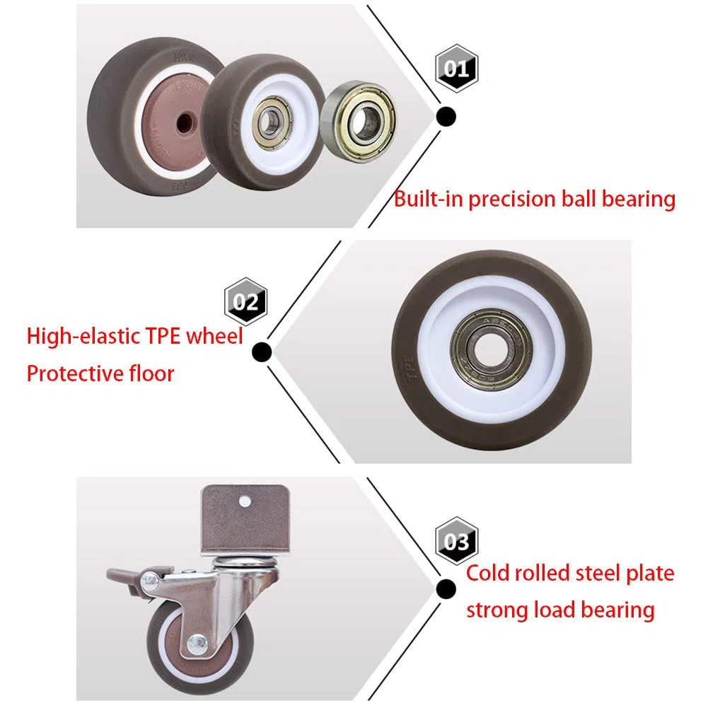 4er-Set – Universal-Drehmöbel mit Rollen und U-Halterung, 5,1 cm, 50 mm, 180 kg, geräuschloses Gummi-Kinderbett mit Bremse, leises Rollen für Babybett, Babybett, 16 mm, 18 mm, 20 mm, 25 mm