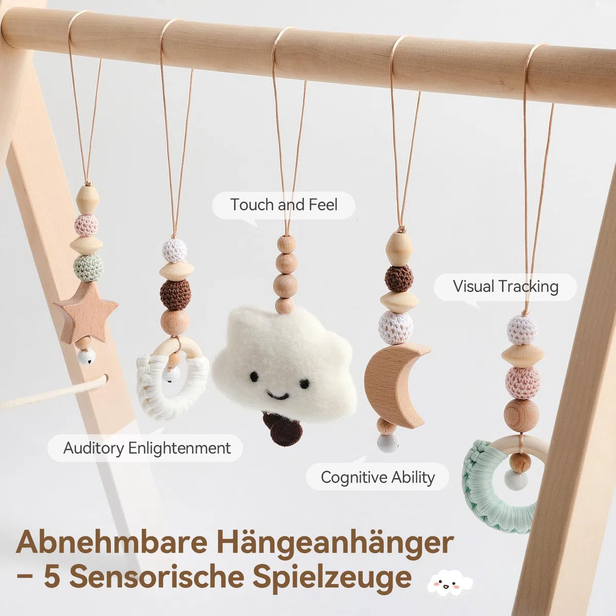 let's make Spielbogen Baby Holz- Montessori Spielbogen mit 5 abnehmbaren Sensorischen Spielzeugen, Faltbar Baby Gym Activity Center, Neugeborenes Geschenk für 0-18 Monate (Style B)