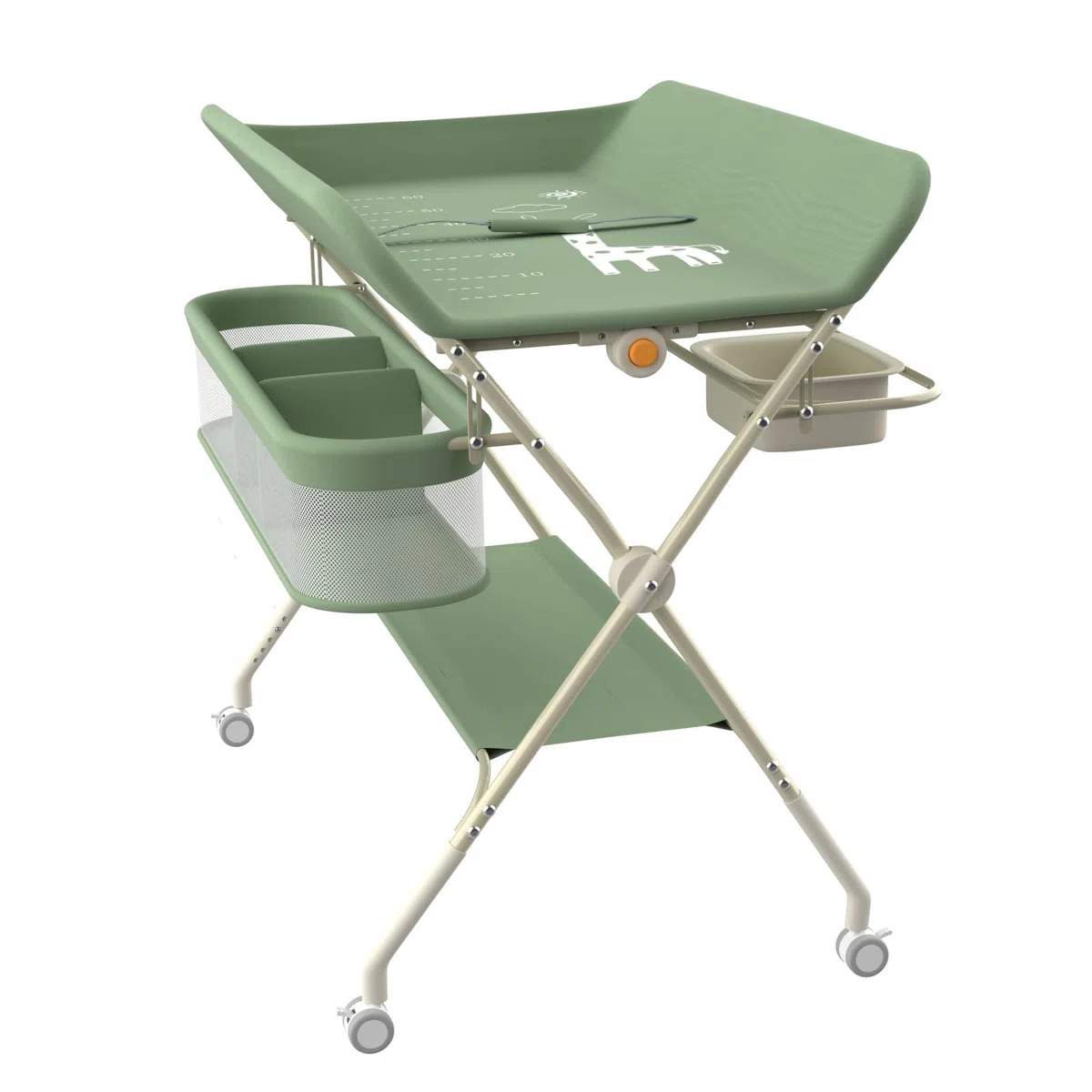 Wickeltisch Mobile – Wickelunterlage für Babys – klappbar – höhenverstellbar – Aufbewahrungskorb – Regal – Rad abschließbar – Grün