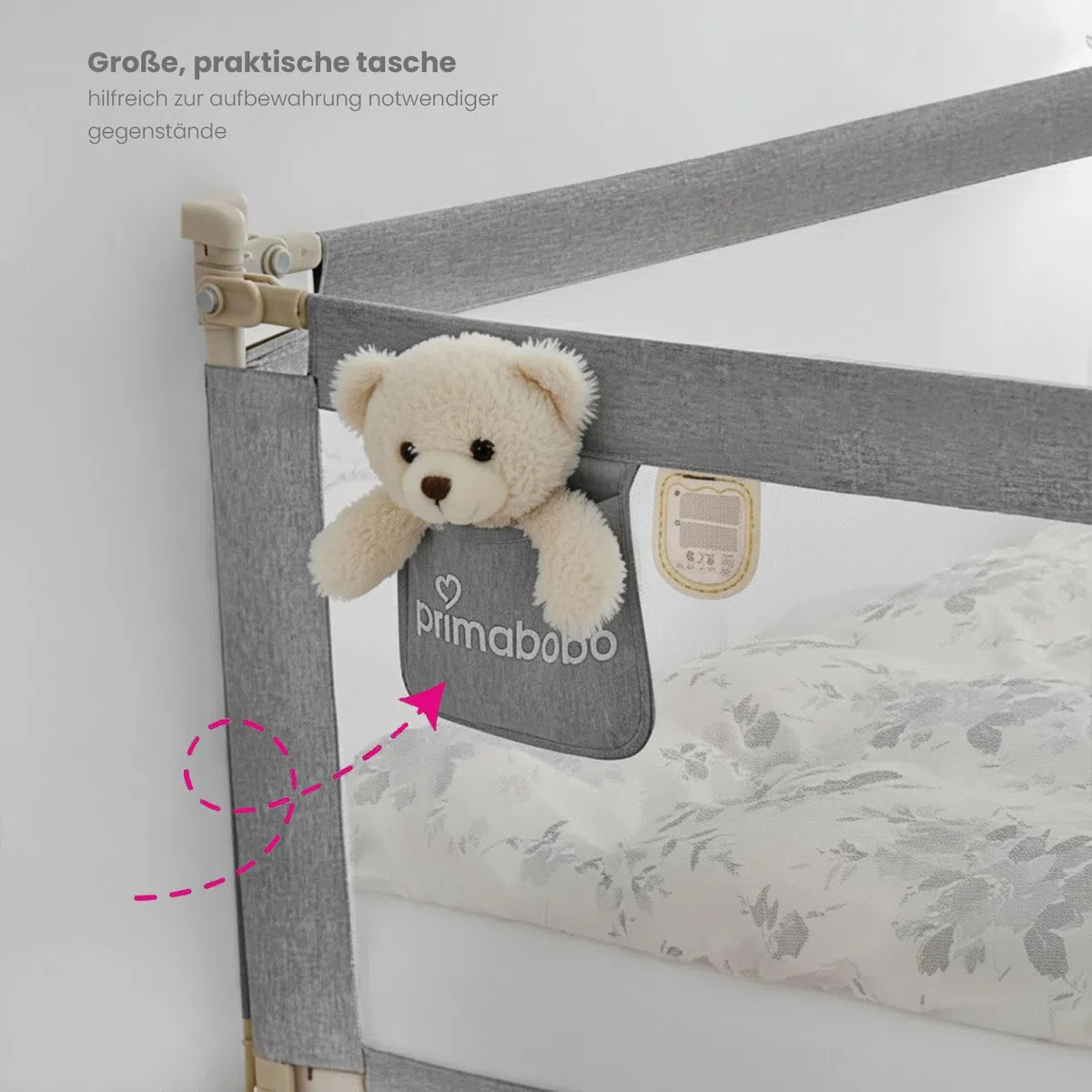 Primabobo Bettschutzgitter 160 cm – Rausfallschutz Kinderbett, höhenverstellbar, extra stabil (1.1 mm Stahl), klappbar & kindersicher, Bettgitter für Kleinkinder – Hellgrau