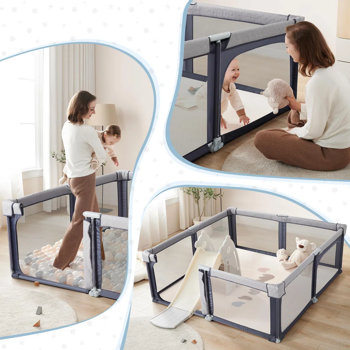 Sweeby Baby Laufstall, Faltbarer Spielhof, Extra Großer Babyzaun für Drinnen & Draußen, Sicherer Laufstall für Babys und Kleinkinder (Space Gray, 200 x 180 cm)