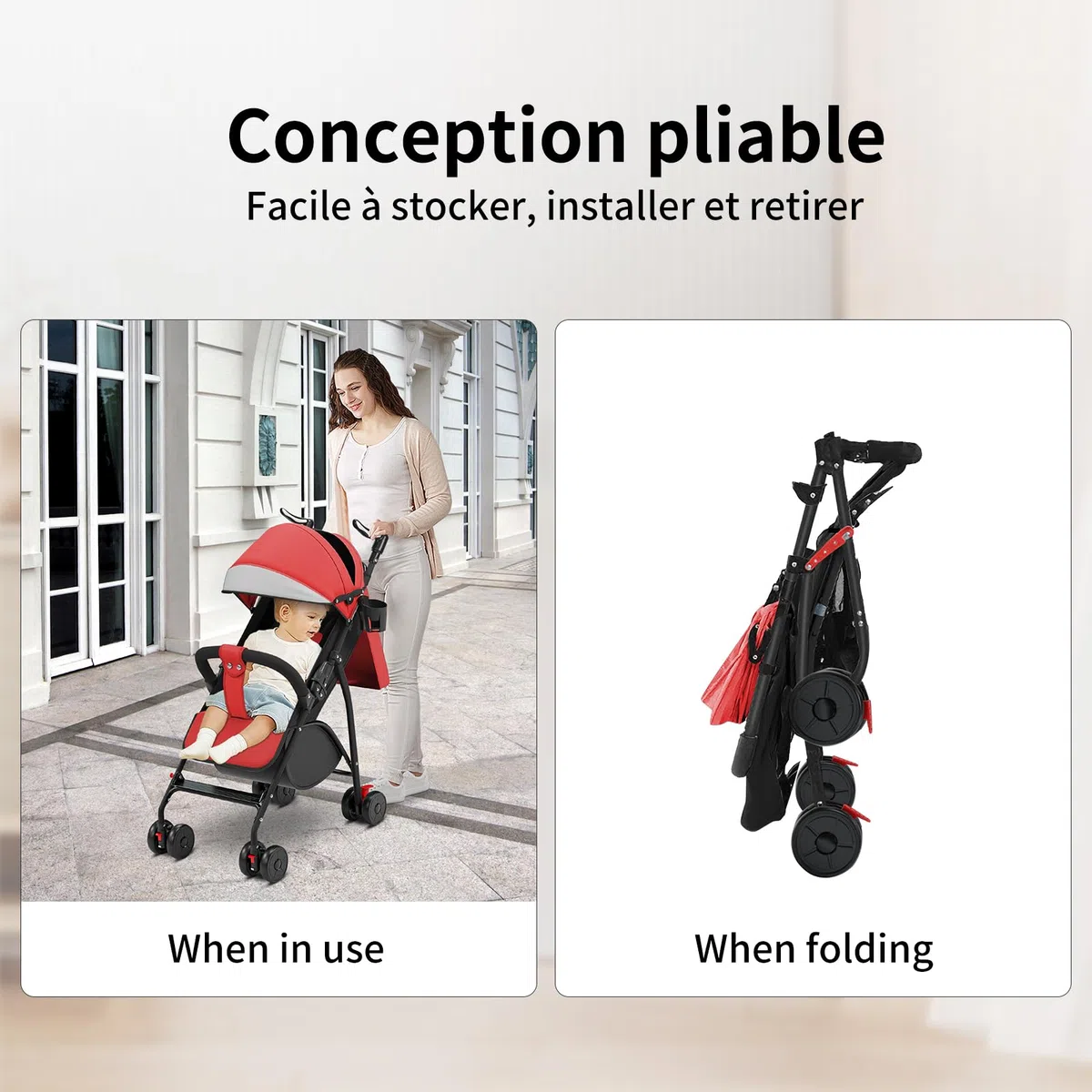 WODFARR Kompakter Buggy, Liegeposition, 0-4 Jahre, 25 kg, 4 Räder, Baumwollmatte + Moskitonetz (A, Rot)